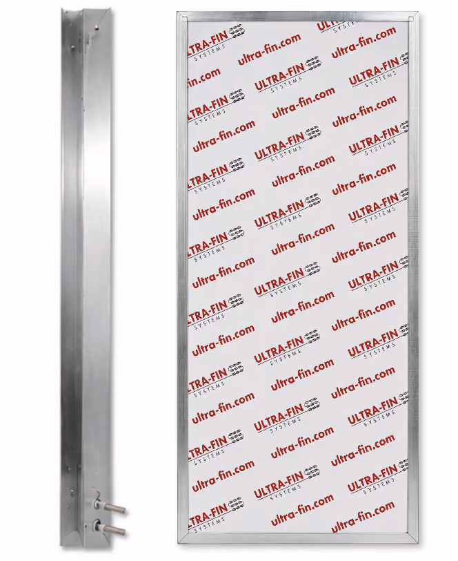 Metal heating element with tubular connectors next to a covered rectangular frame with Ultra-Fin branding.