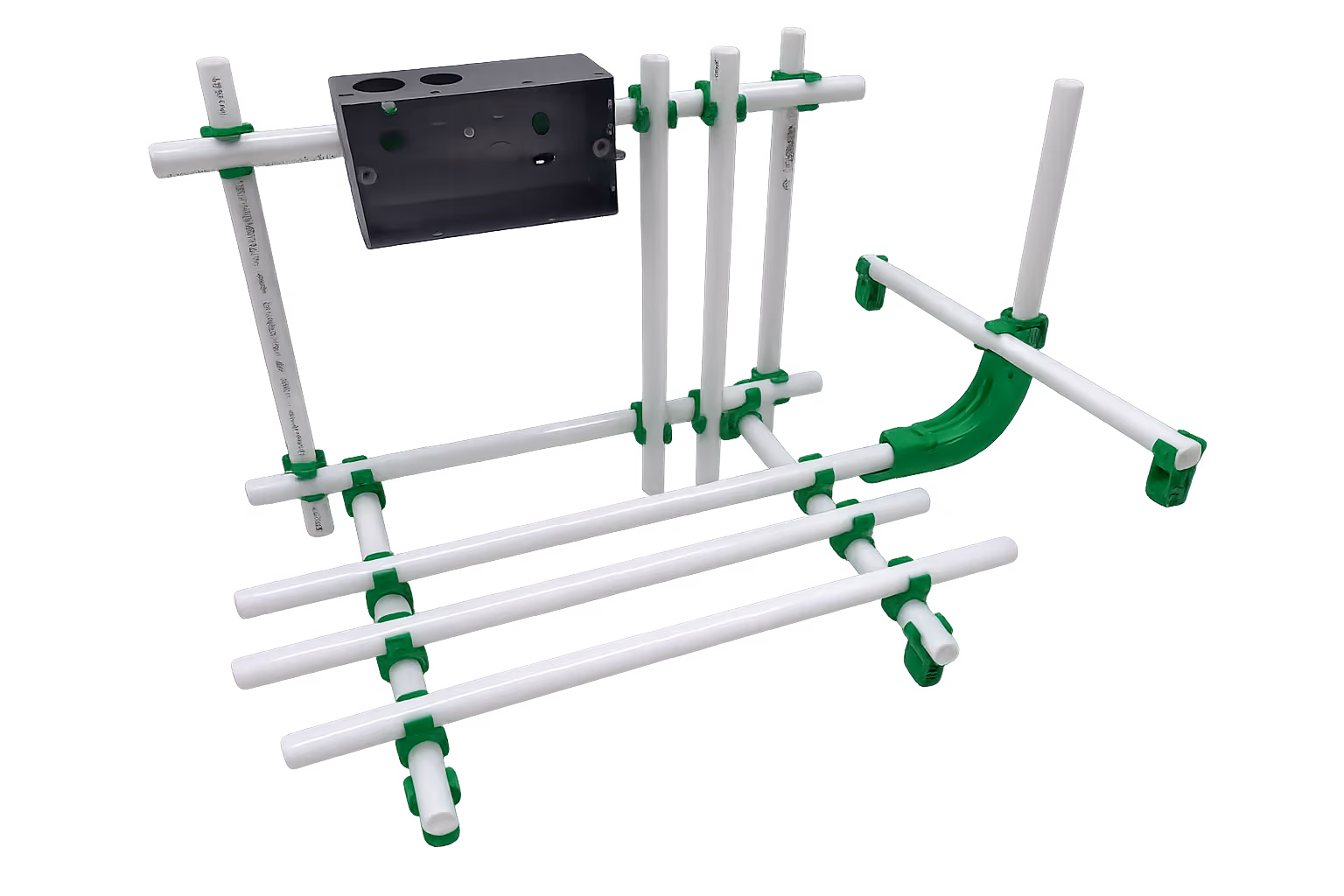 White pipes linked with green connectors forming an electrical conduit frame with a black junction box.