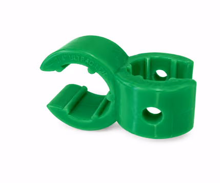Green plastic pipe clamp with two holes and a hinged latch on a white background.