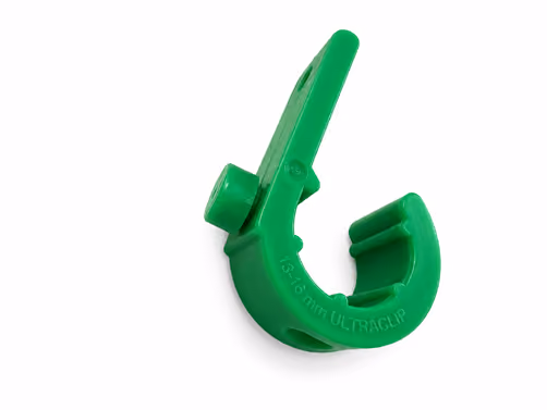 Green plastic pipe clip labeled 13-16 mm ULTRACLIP on a white background.