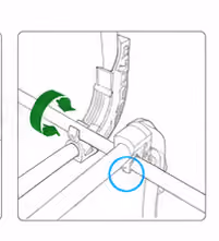 Illustration showing a green arrow indicating rotation of a clamp on a pipe.