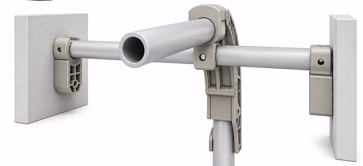 Close-up of a mechanical hinge joint connecting two cylindrical rods to flat rectangular plates.