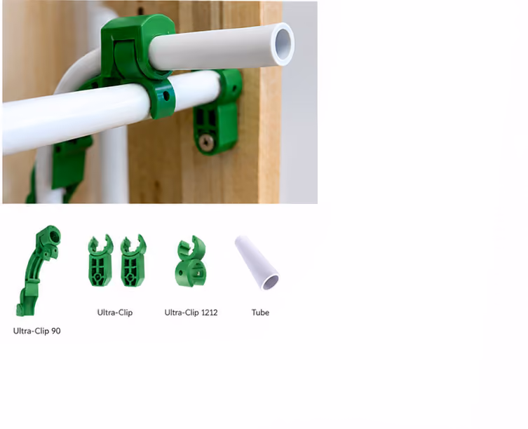 Green Ultra-Clip plastic clamps securing white tubes on wooden surface, with product examples below.