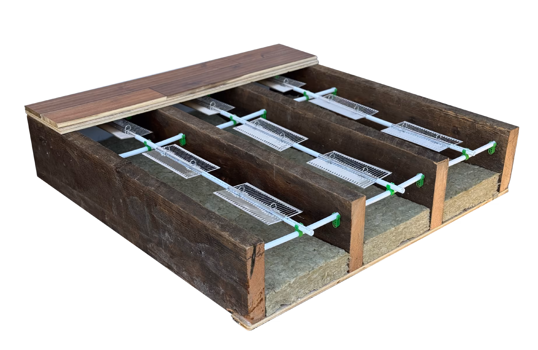 Wood frame with three compartments holding white rod support systems and insulation at the bottom.