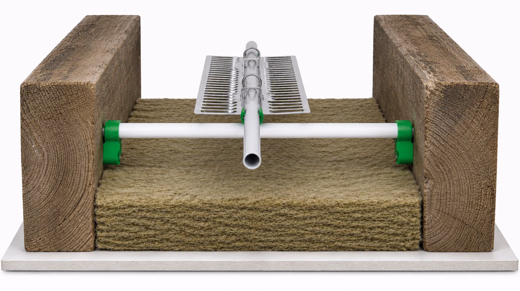 Cross-section of wood beams and insulation with a metal pipe and clip system mounted on top.