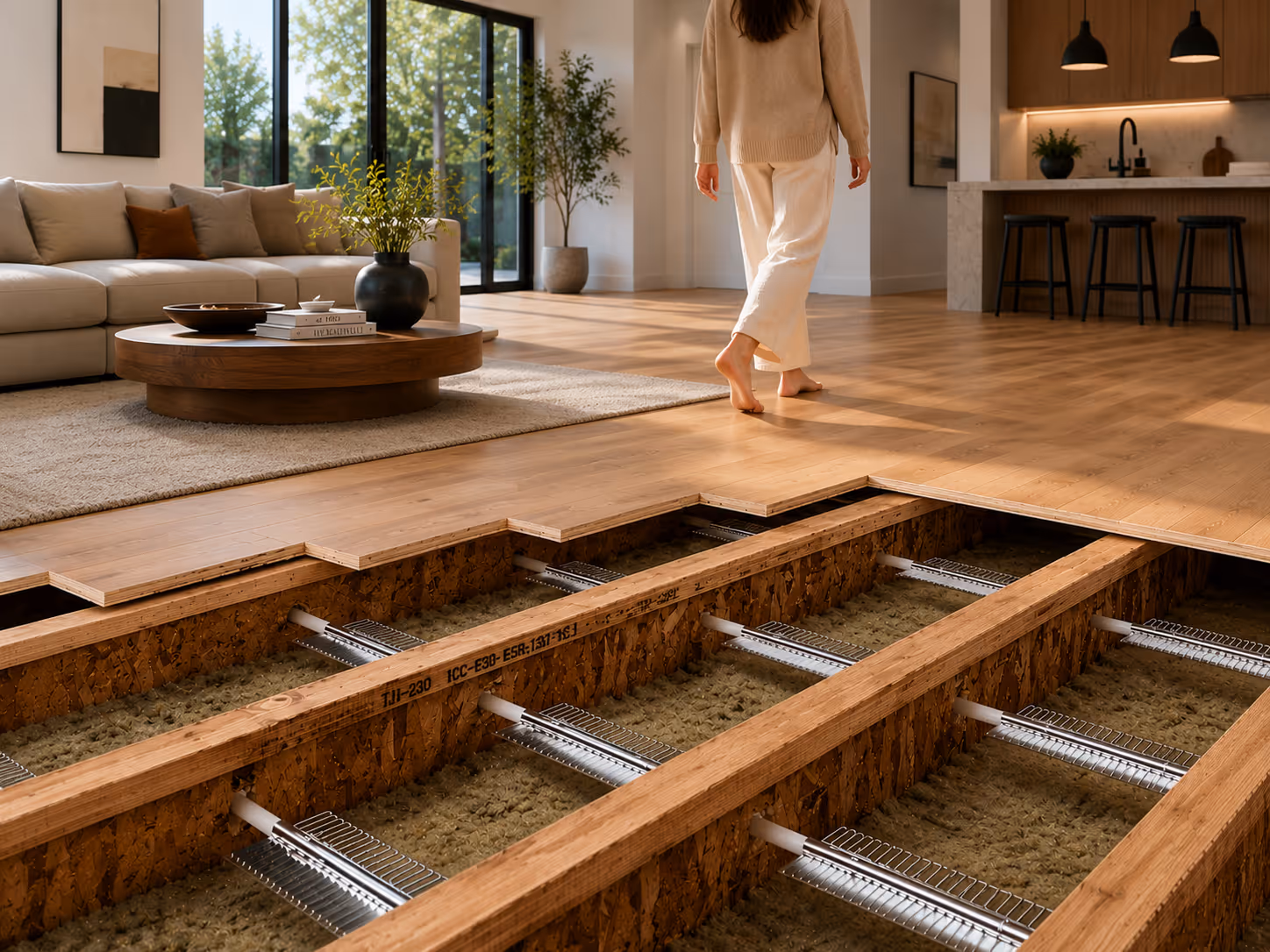 Cutaway of hardwood floor showing insulated beams under living room with woman walking barefoot.
