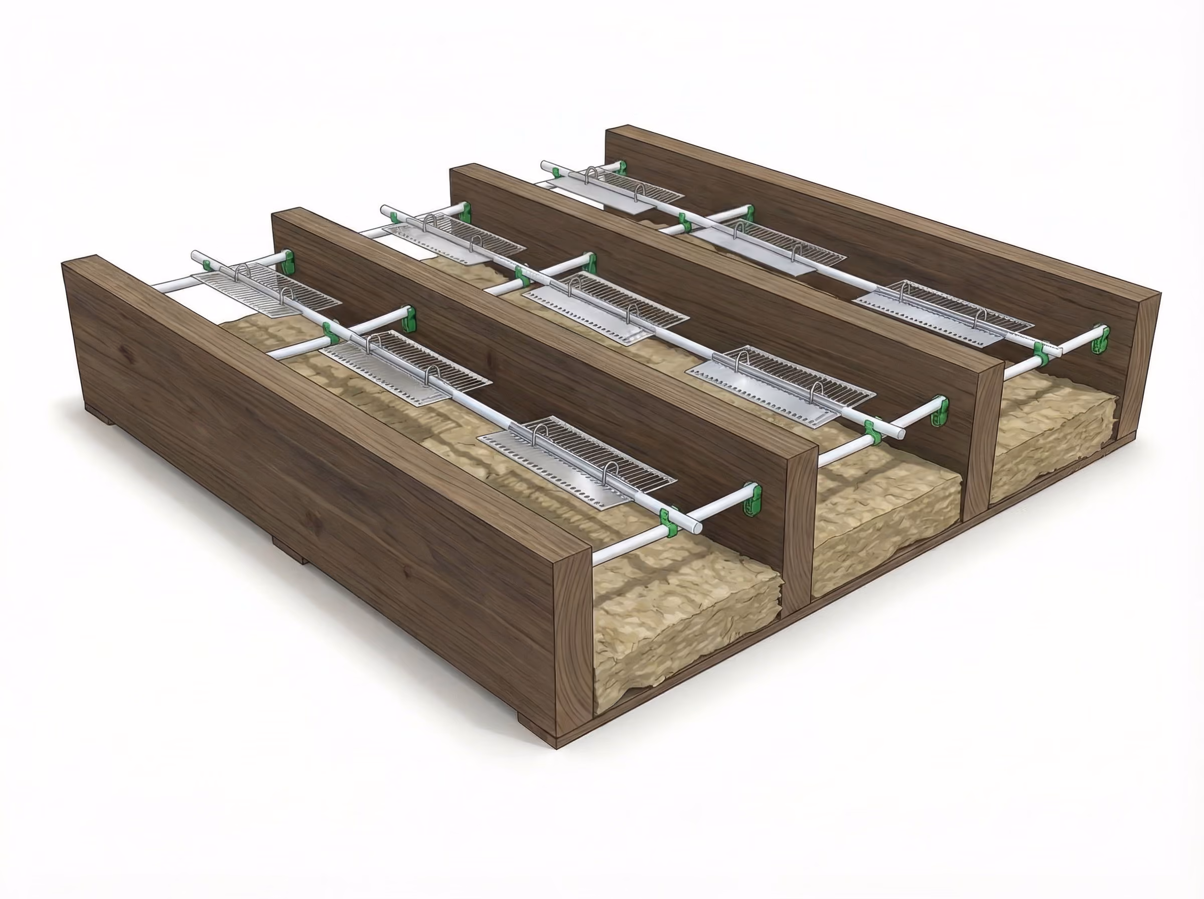Three wooden floor joists with insulation and metal ventilation plates attached to white pipes above.