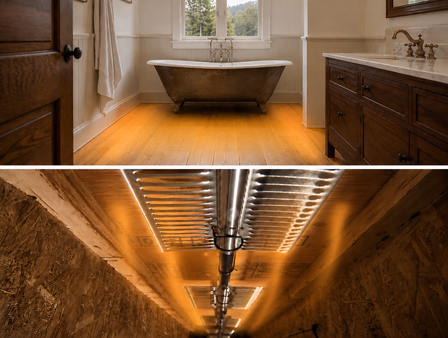 Split image showing a rustic bathroom with a clawfoot tub and wooden floor above, and below, an installation of radiant heating panels and piping under a subfloor.