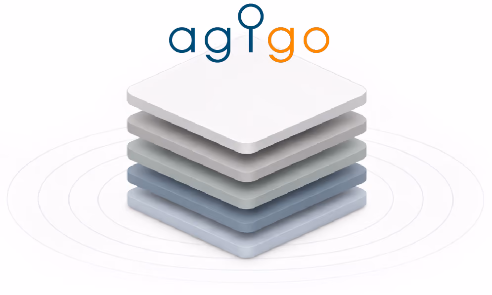Logo with the text 'agigo' above a graphic of five stacked square layers in varying shades of white, gray, and blue, with faint concentric circles underneath.