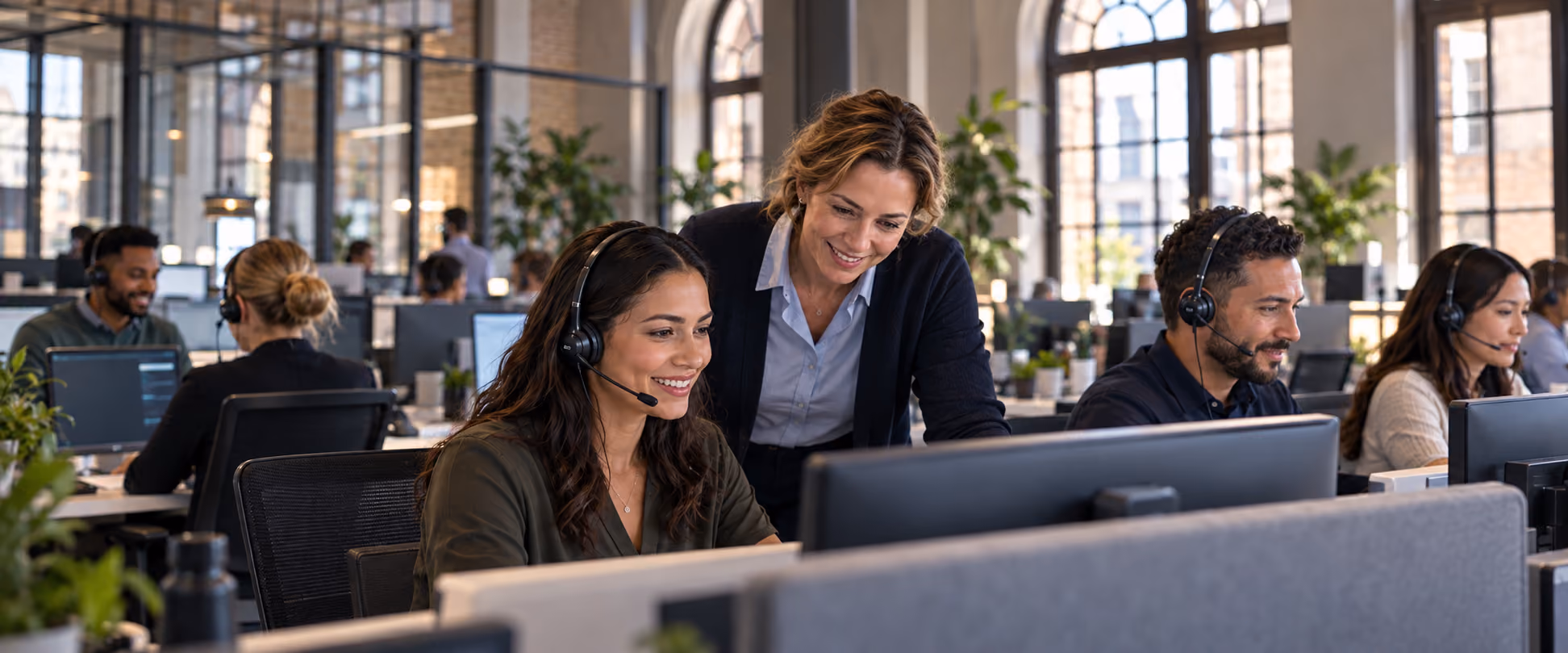 A diverse group of call center employees wearing headsets, working at computers in a bright modern office, with a woman standing and assisting a seated colleague.