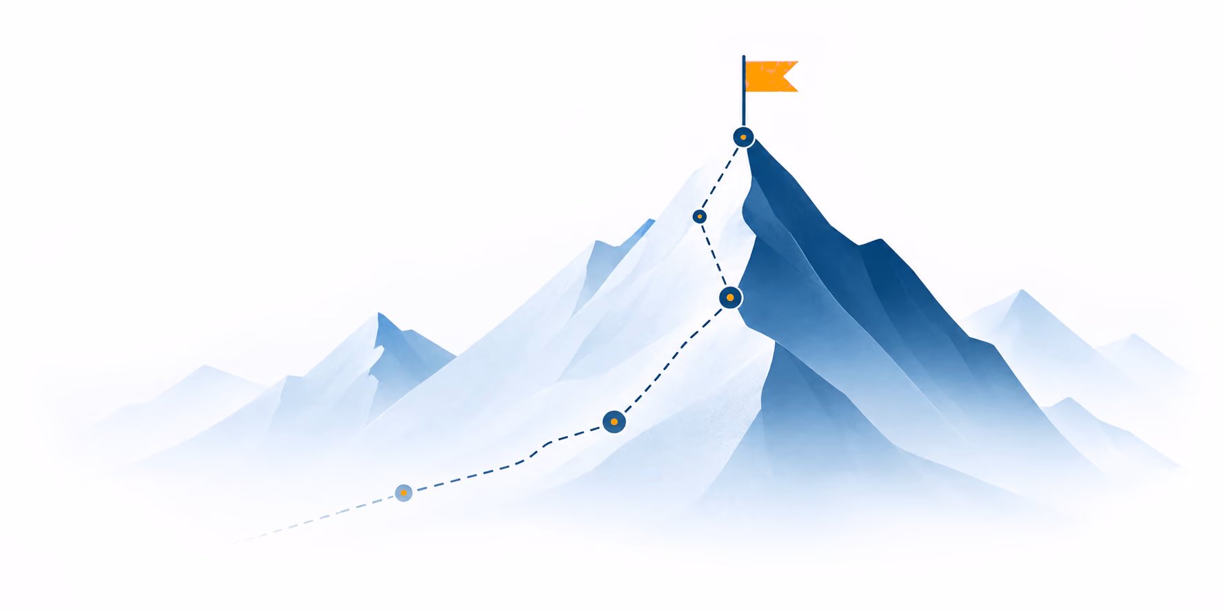 Illustration of a snow-covered mountain with a dashed line and circular markers showing a climbing route to the top, where an orange flag is planted.