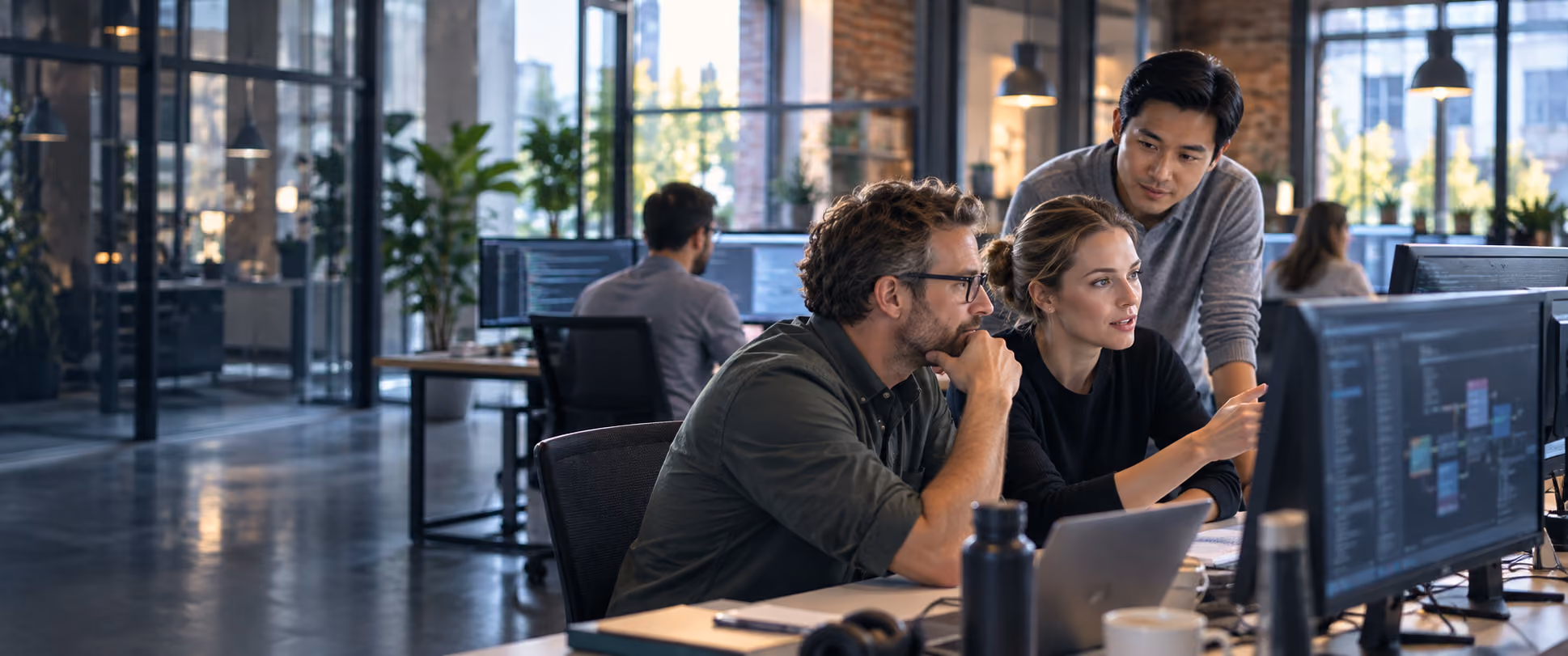 Three colleagues in a modern office collaborate intently while looking at a computer screen with code, with two others working at computers in the background near large windows and plants.
