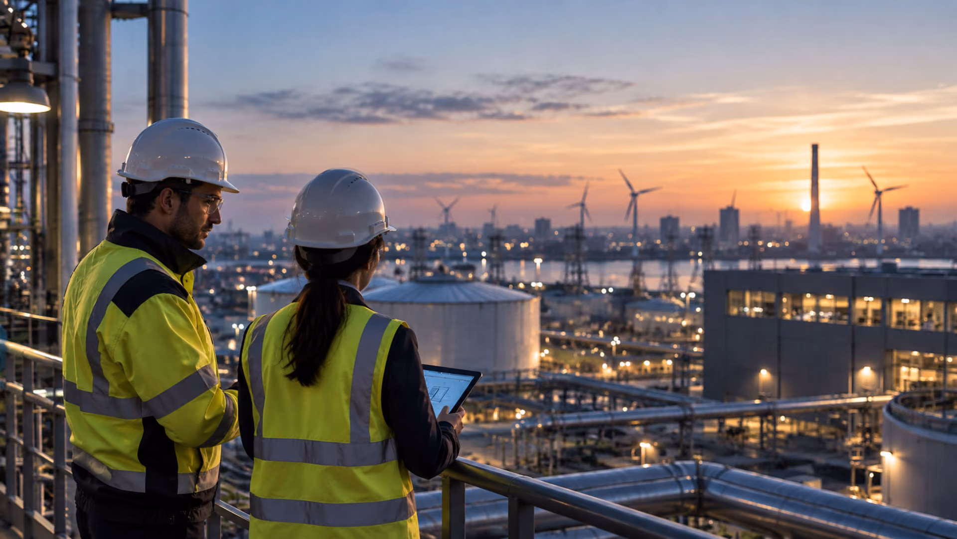 Two energy industry workers wearing hard hats and yellow safety vests overlooking an industrial facility with storage tanks, pipelines, wind turbines, and city buildings at sunset.