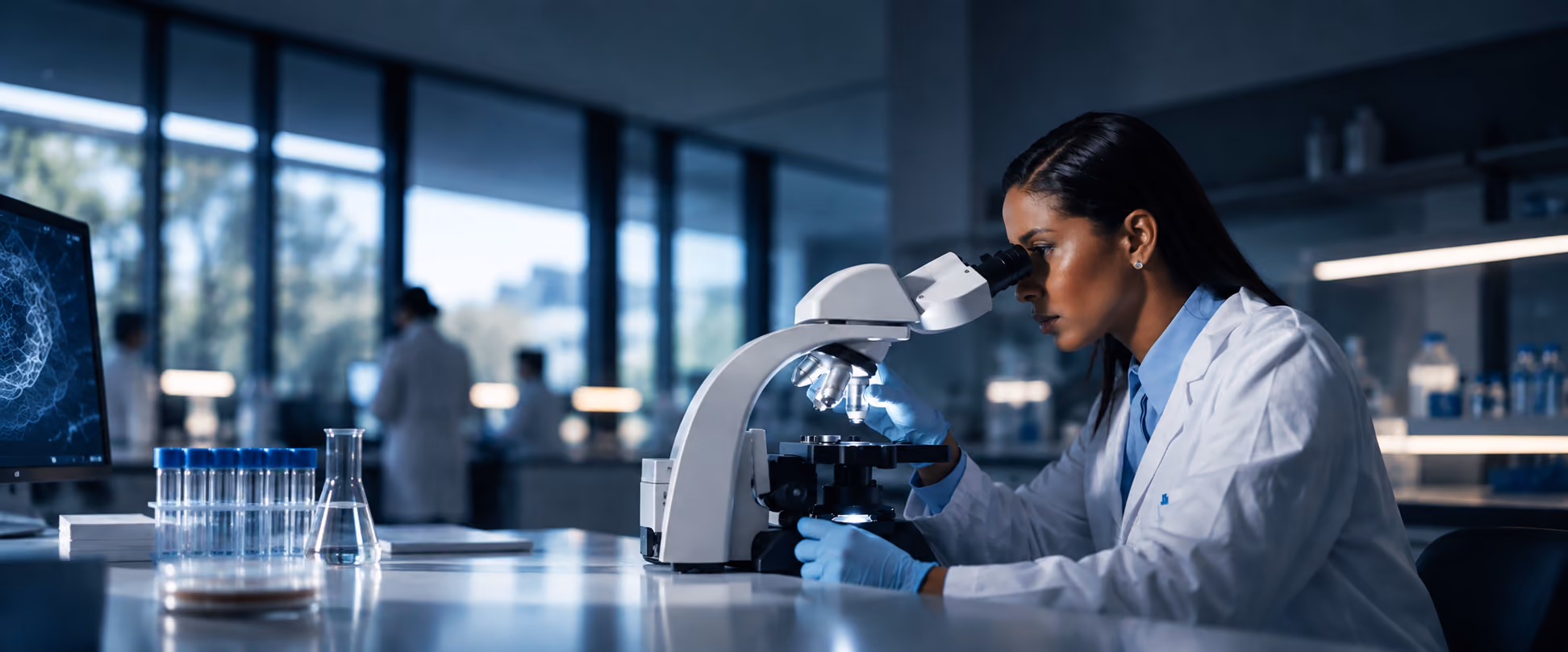 Female scientist wearing a white lab coat and blue gloves looking through a microscope in a modern laboratory with test tubes, a flask, and a computer displaying scientific imagery.