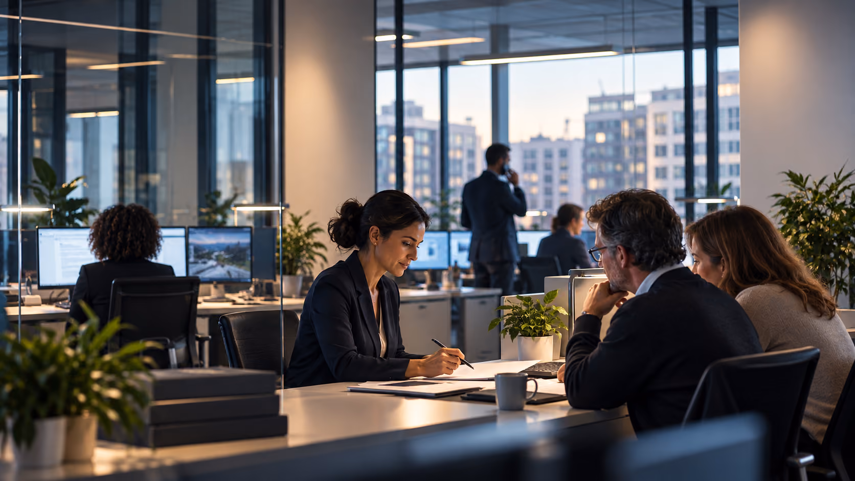 A professional woman in business attire is seated at a desk, reviewing and signing documents while two colleagues attentively watch her in a modern office with large windows and other employees working in the background.