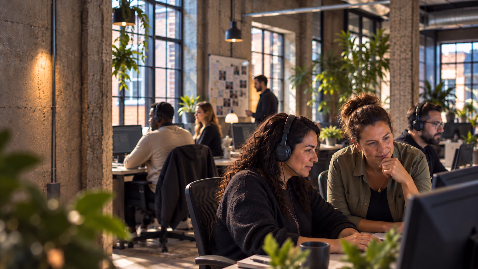 Two women collaborate while wearing headsets and looking at a computer screen in a bright, open office space with exposed concrete columns and large windows, other employees work at desks in the background.