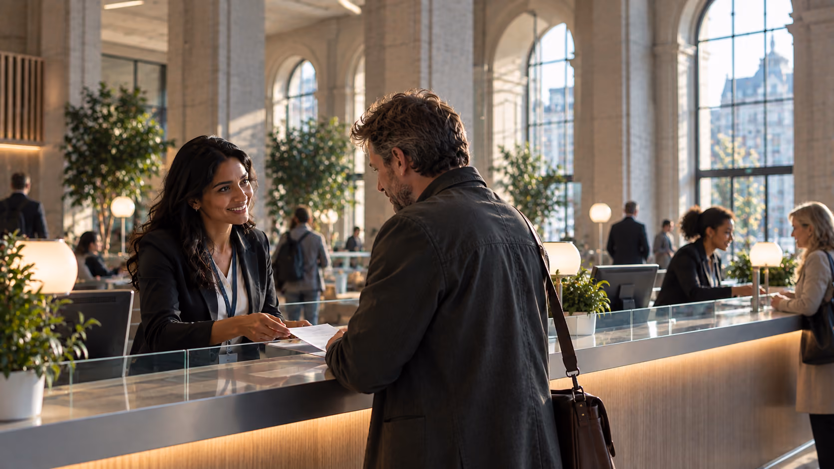 Smiling female receptionist handing documents to a male visitor at a modern, well-lit reception desk in a spacious lobby with large arched windows and plants, other visitors and staff are in the background.