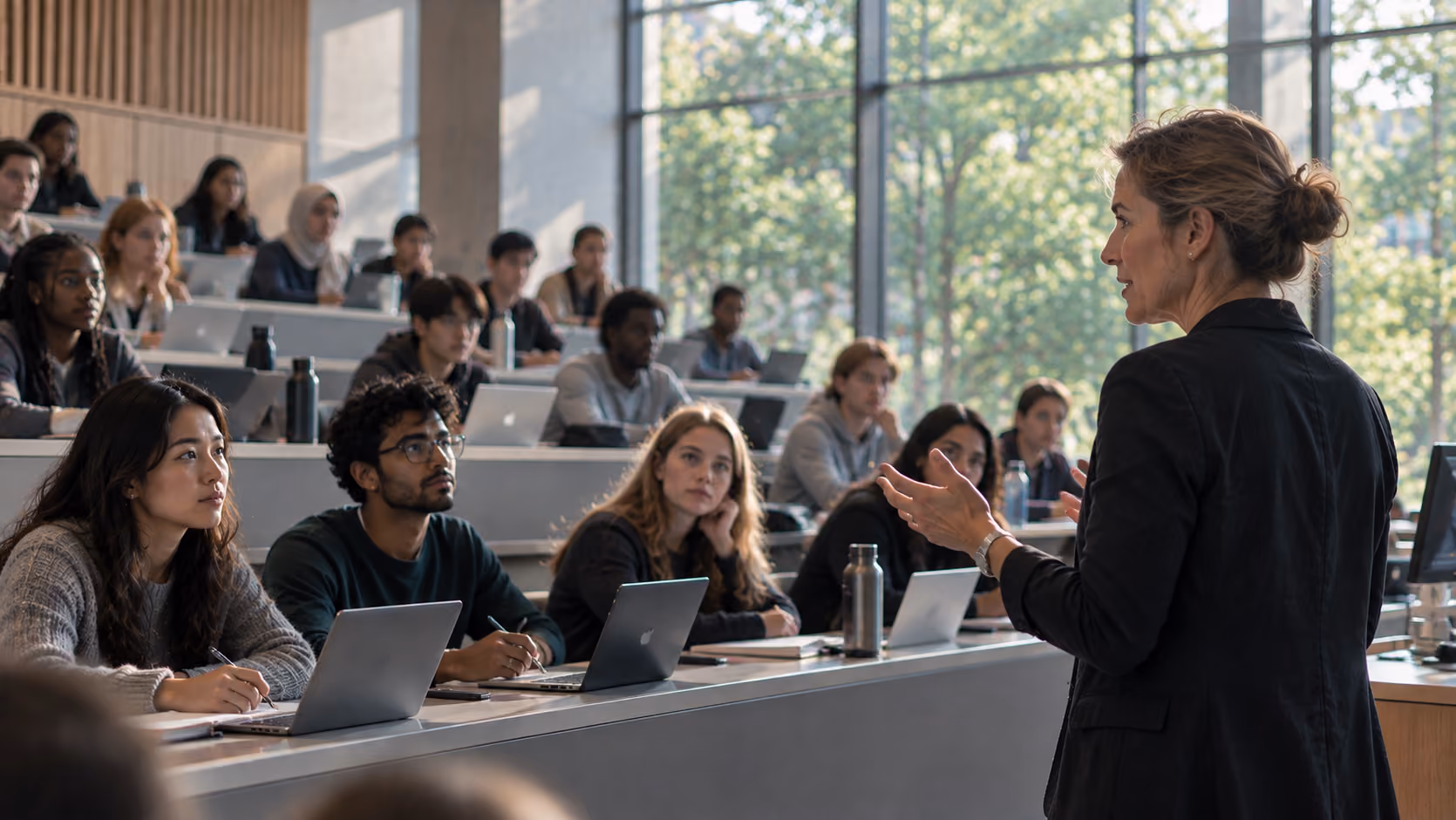 A female professor is lecturing in a modern classroom filled with attentive, diverse students seated at tiered desks with laptops and notebooks, with large windows showing green trees outside.