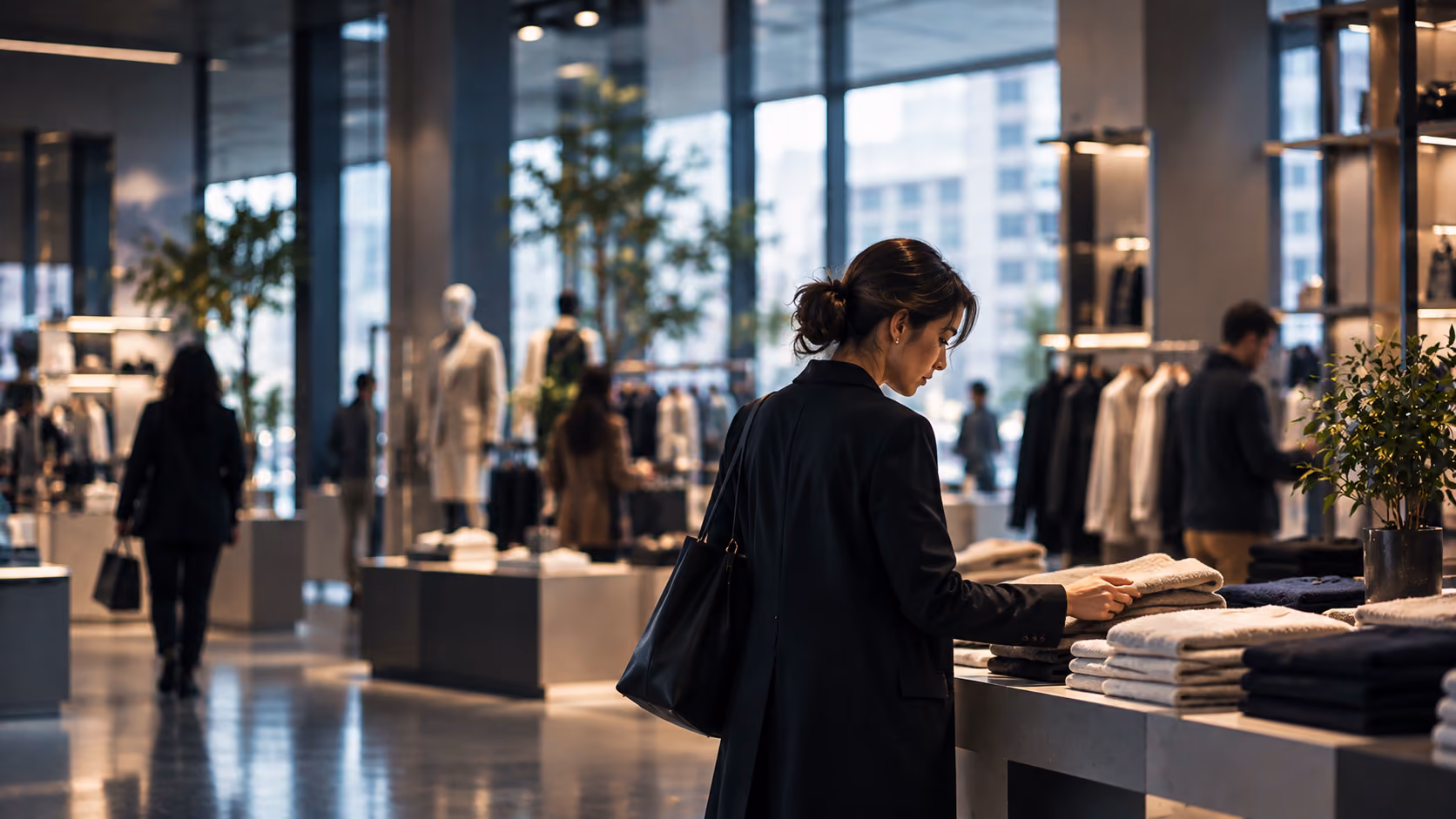 A woman in a black coat shopping in a modern clothing store, browsing folded sweaters on a display table, with mannequins, clothing racks, and other shoppers in the background.
