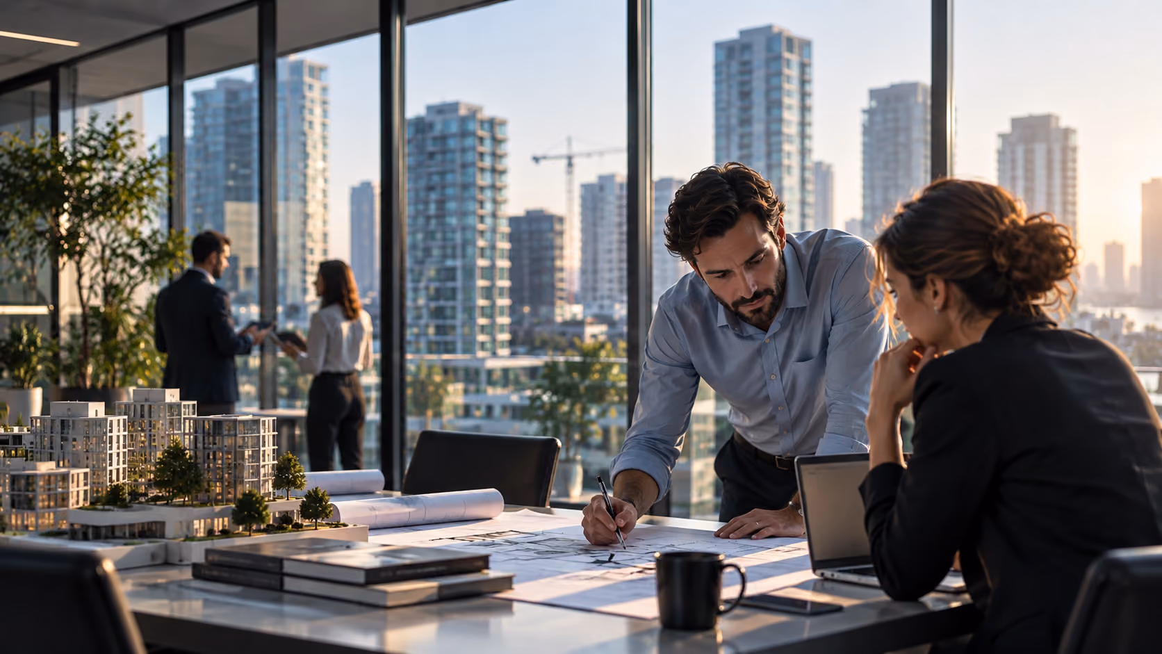 Two professionals reviewing architectural plans on a table in a modern office with large windows overlooking a city skyline, while a scale model of buildings and two other colleagues discuss in the background.