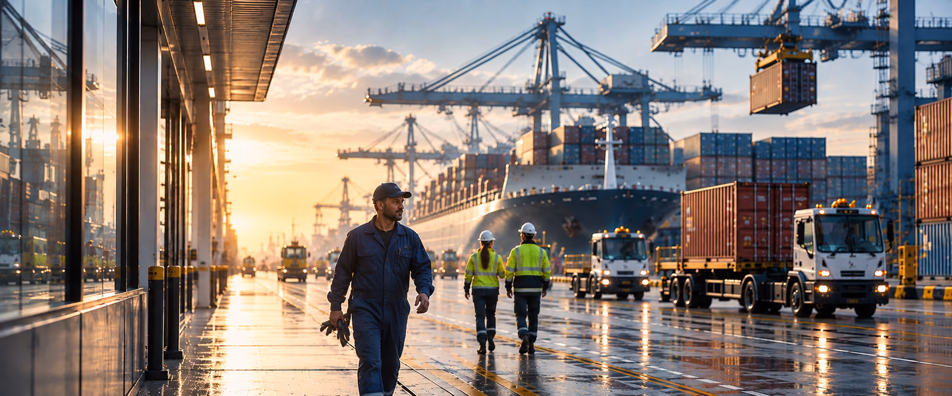 Workers in safety gear at a busy shipping port with large cranes loading and unloading containers from cargo ships and trucks at sunset.