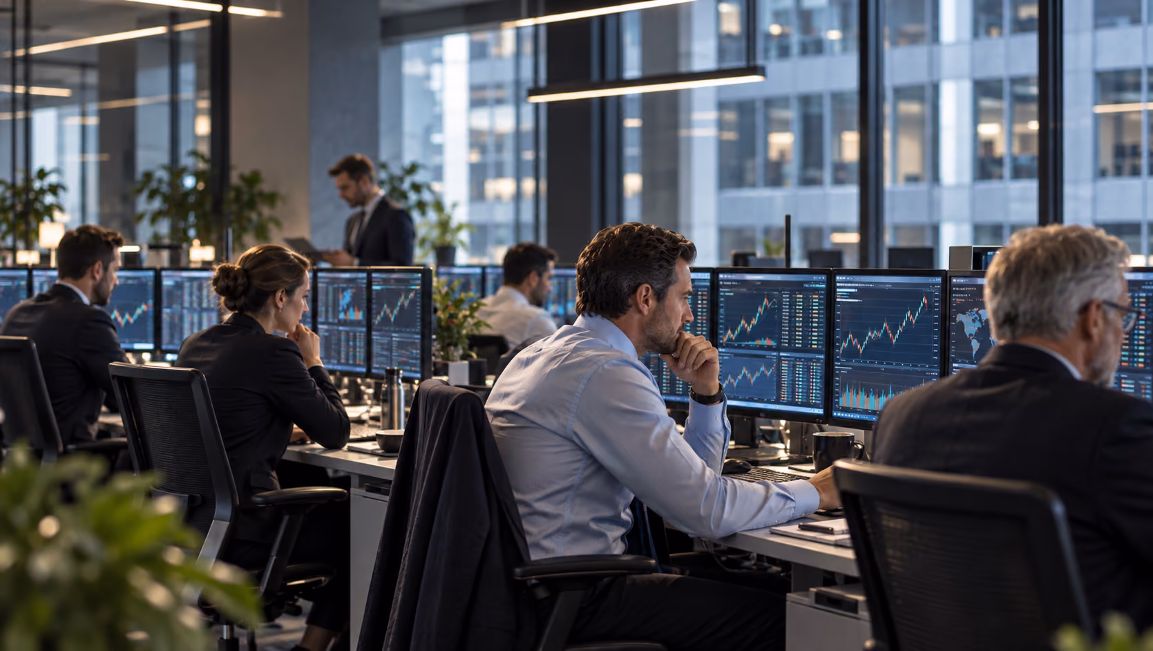 A group of financial analysts working in a modern office, focused on multiple computer monitors displaying charts and stock market data, with a cityscape visible through large windows.