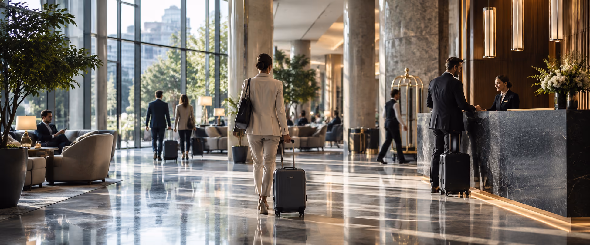 Elegant hotel lobby with polished marble floors and large windows showing cityscape, featuring guests with luggage walking and interacting at reception desk.