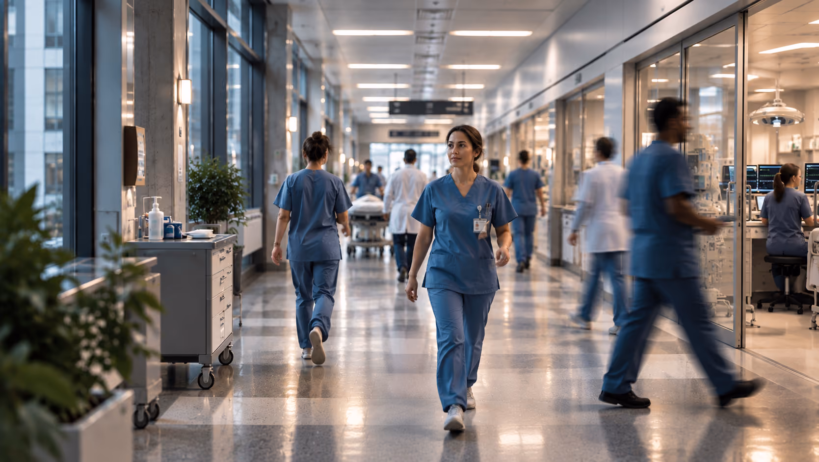 Busy hospital corridor with healthcare workers in blue scrubs walking, a doctor in a white coat, and medical staff working inside a glass-enclosed room with monitors and equipment.