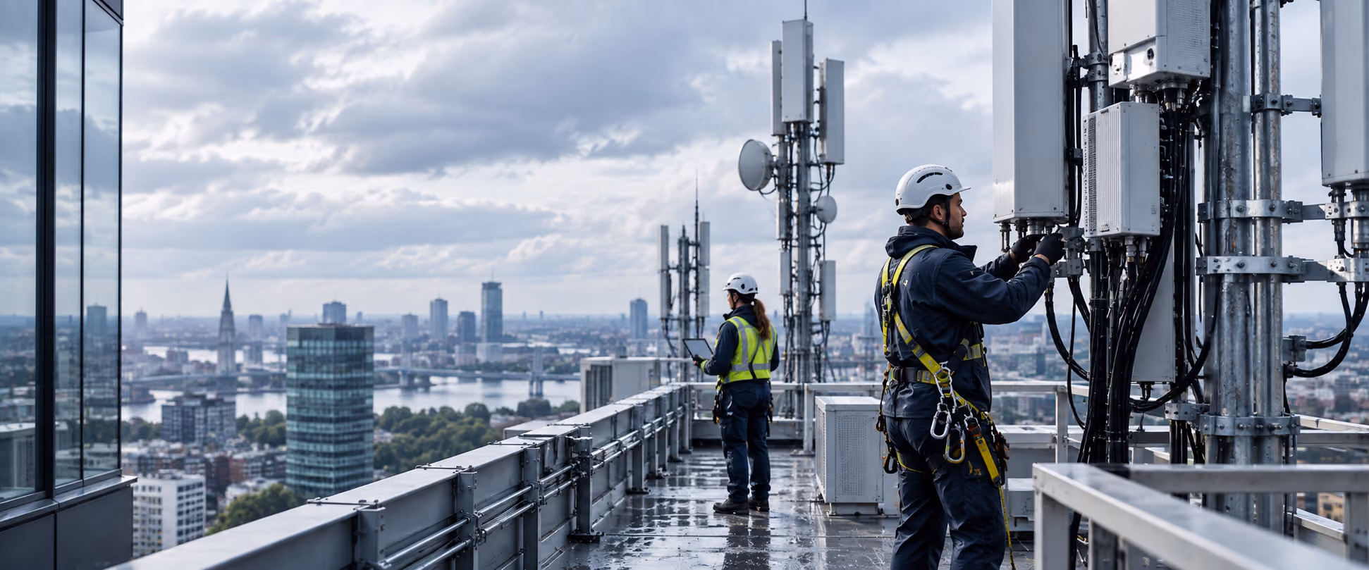 Two telecommunications workers in helmets and harnesses perform maintenance on antennas atop a city rooftop with a cloudy sky and city skyline in the background.
