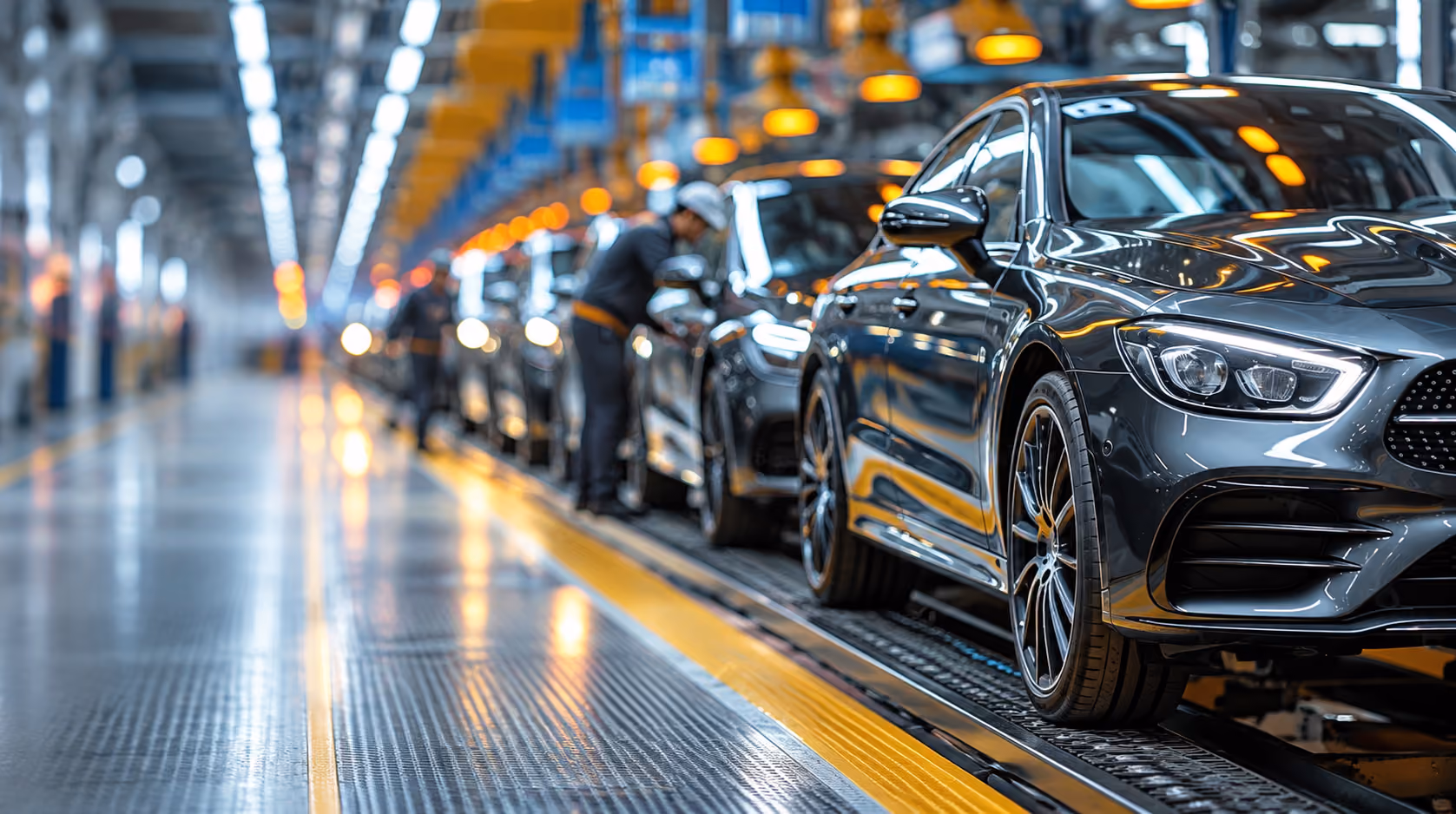 Line of shiny black cars on an assembly line in a modern automotive factory with workers inspecting the vehicles.