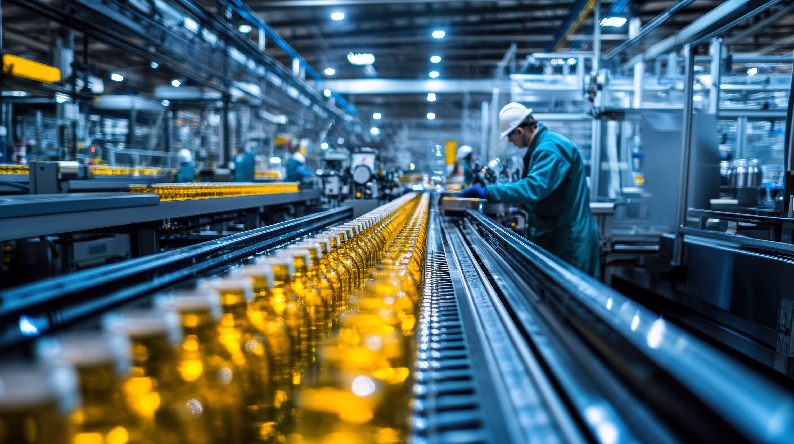 Production line in a factory with rows of identical glass bottles filled with yellow liquid moving on a conveyor belt and workers in safety gear monitoring the process.