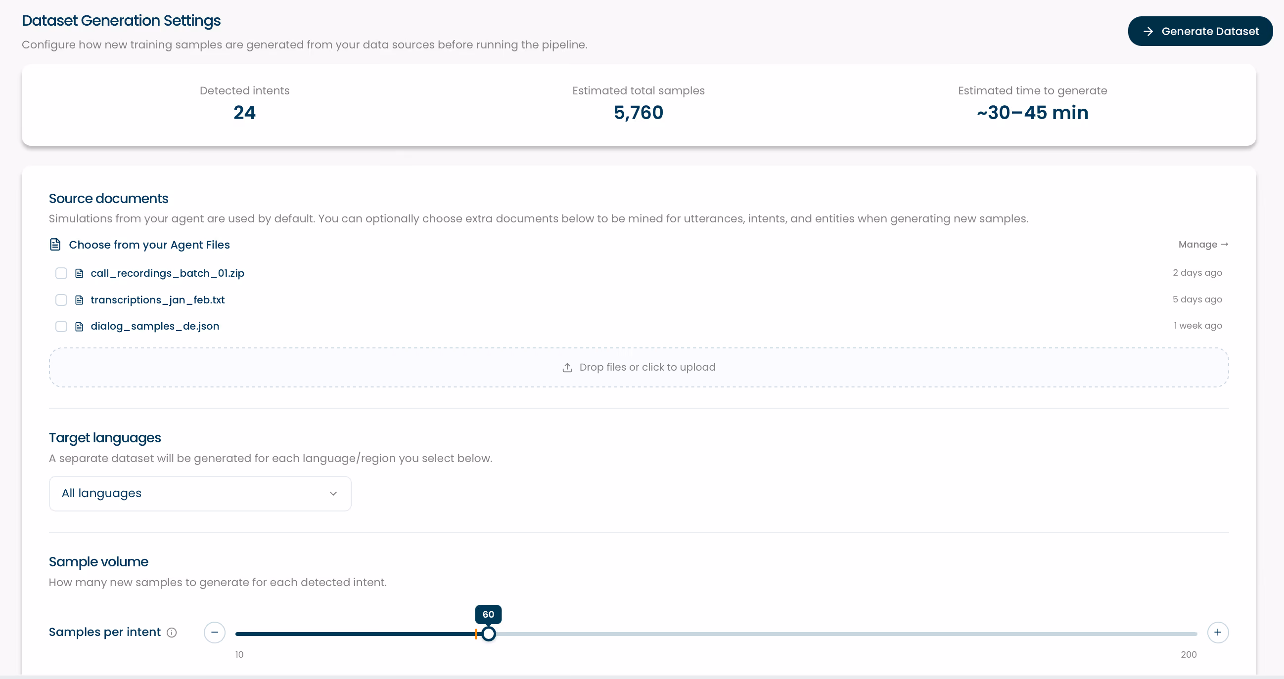 Dataset generation settings screenshot