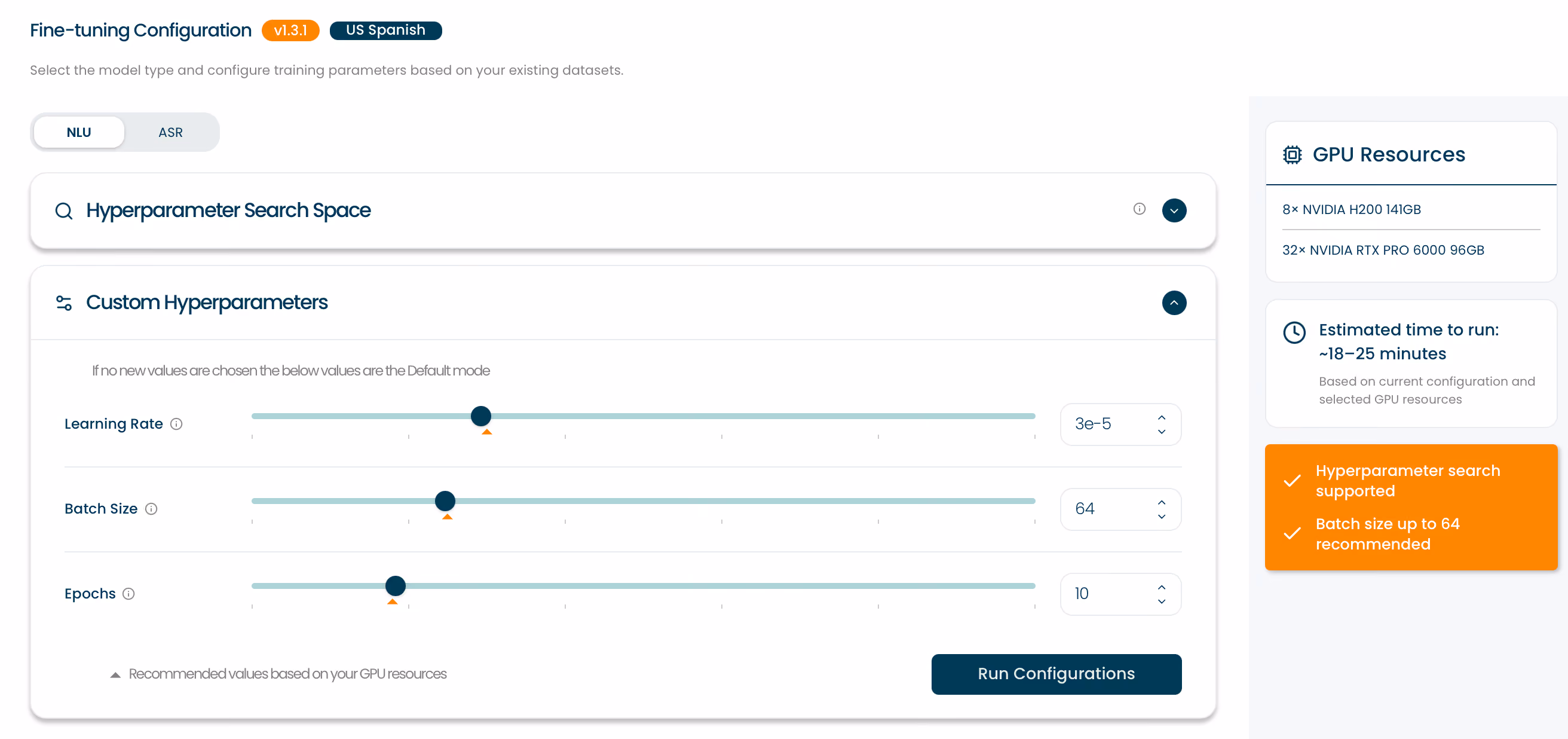 Fine-tuning configuration screenshot