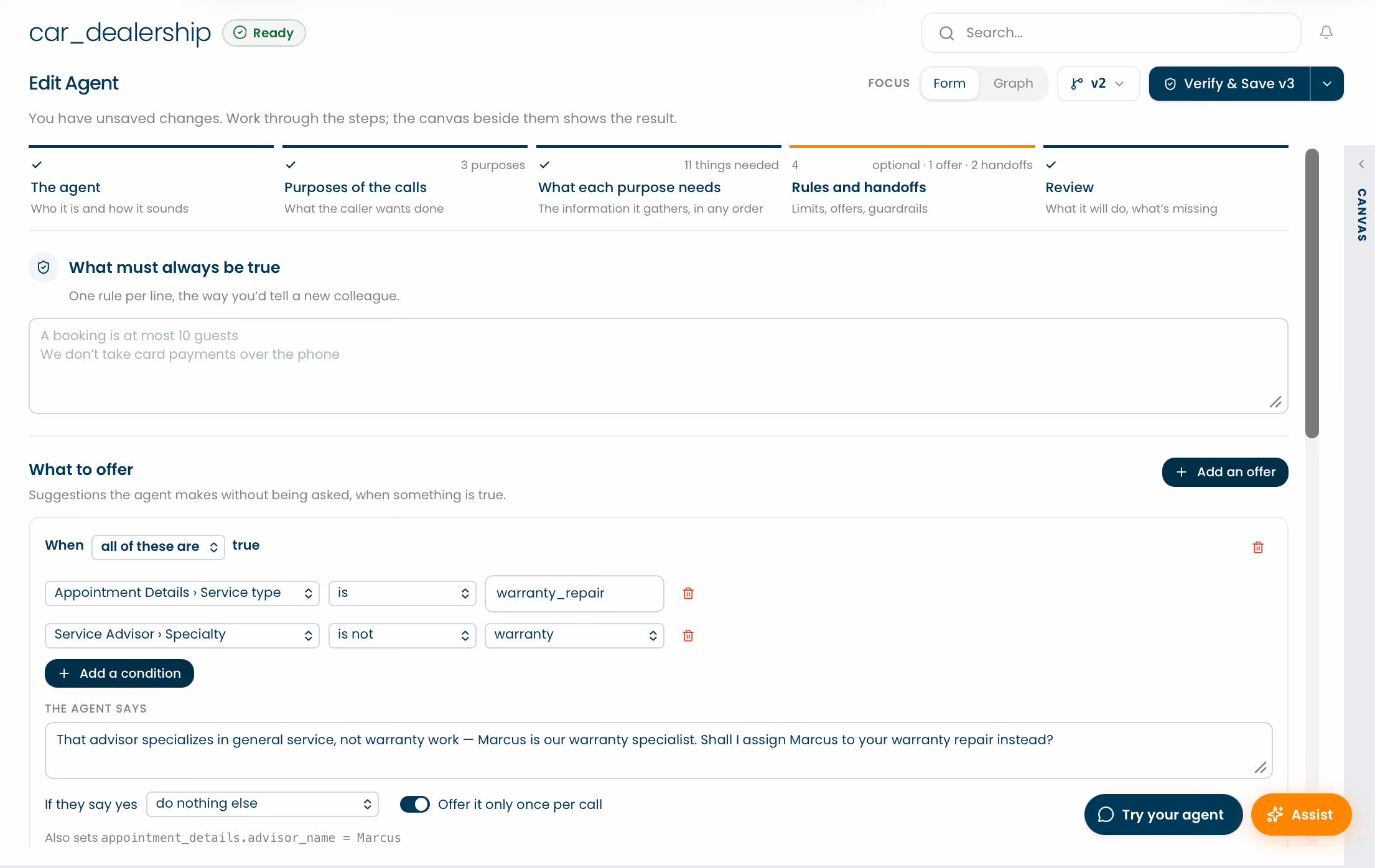 User interface of an agent editing screen for a car dealership chatbot showing sections for agent identity, call purposes, needed information, rules, handoffs, and review. It displays conditions for agent suggestions, including if the service type is warranty repair and the advisor specialty is not warranty, then the agent offers to assign a warranty specialist named Marcus. Controls for adding conditions and offers, toggles for call options, and buttons for verifying, saving, and testing the agent are visible.