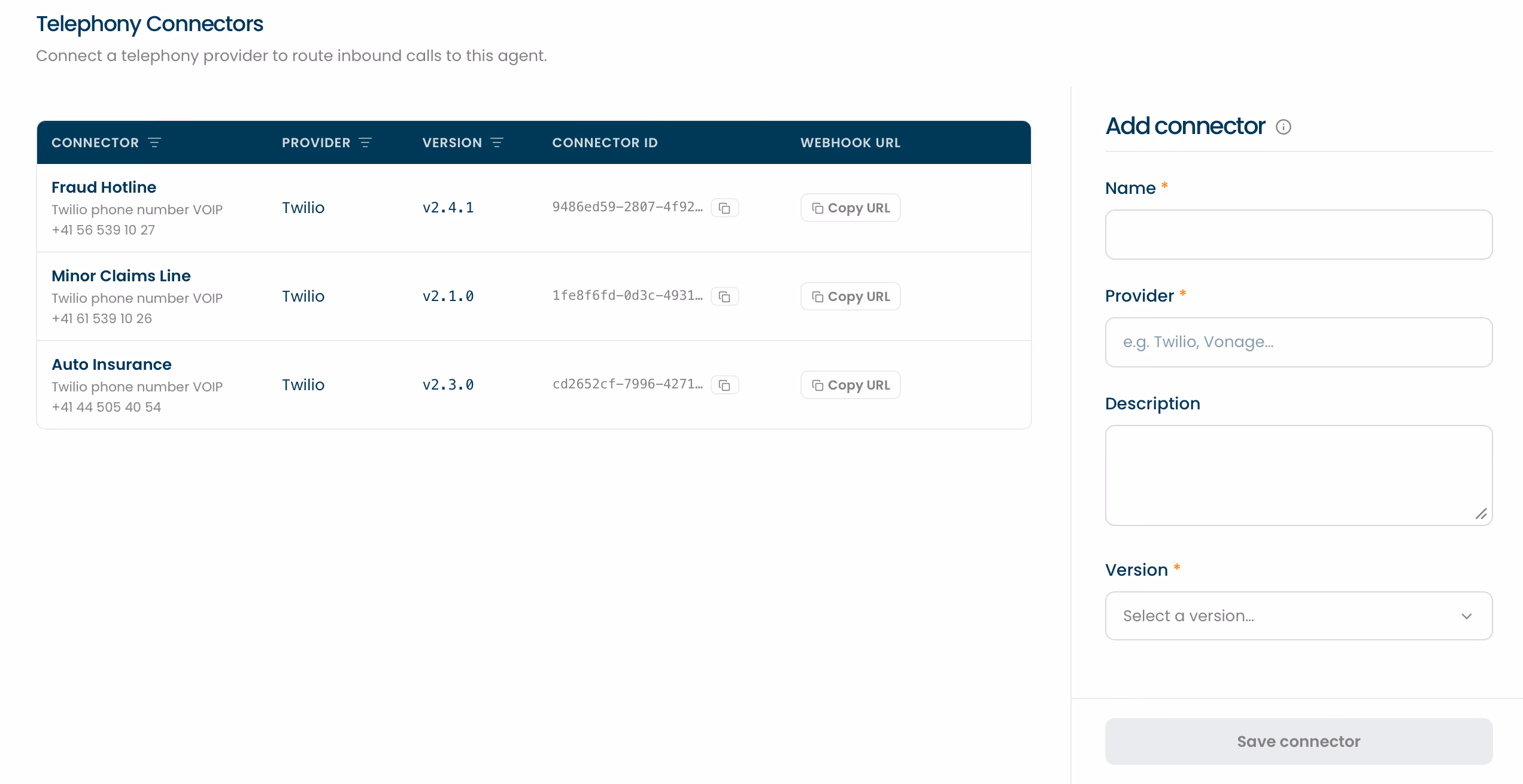 Telephony connectors screenshot