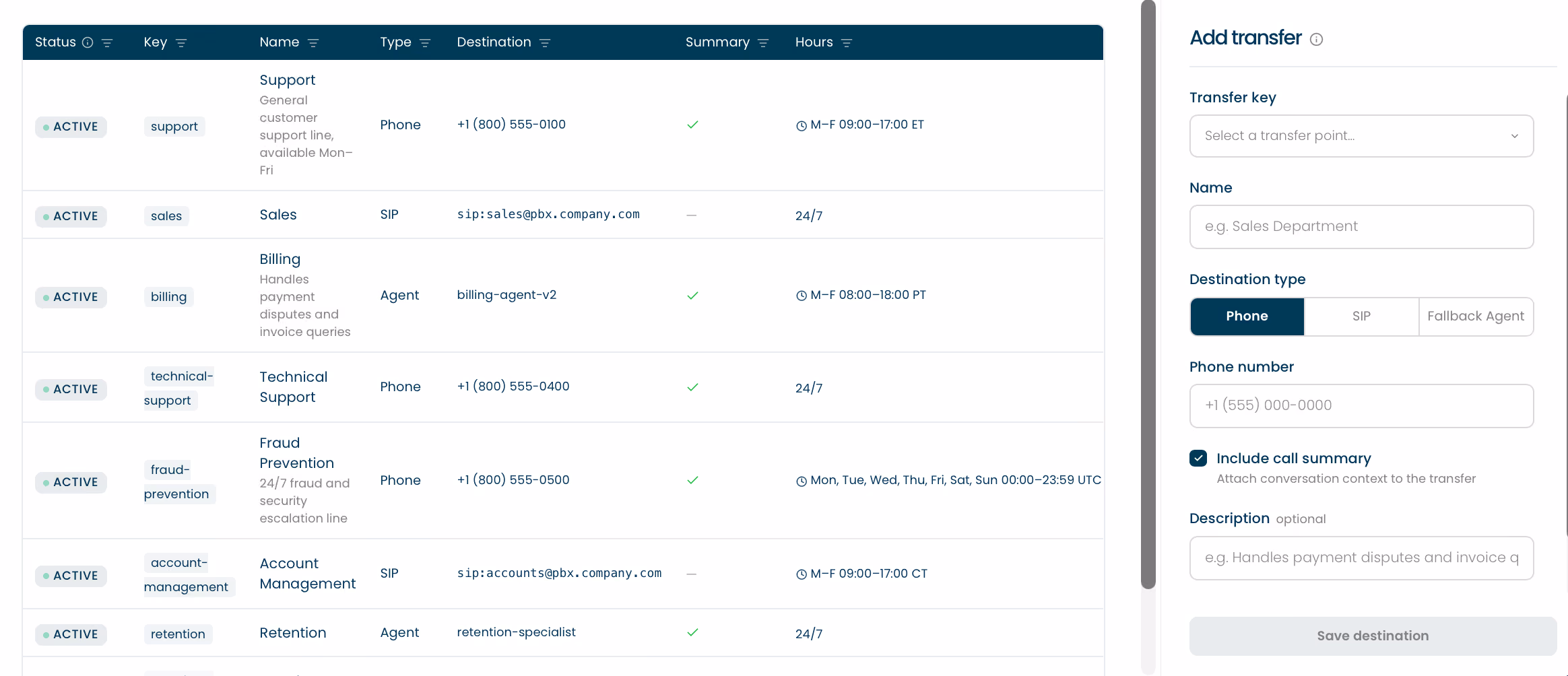 Call transfer destinations screenshot