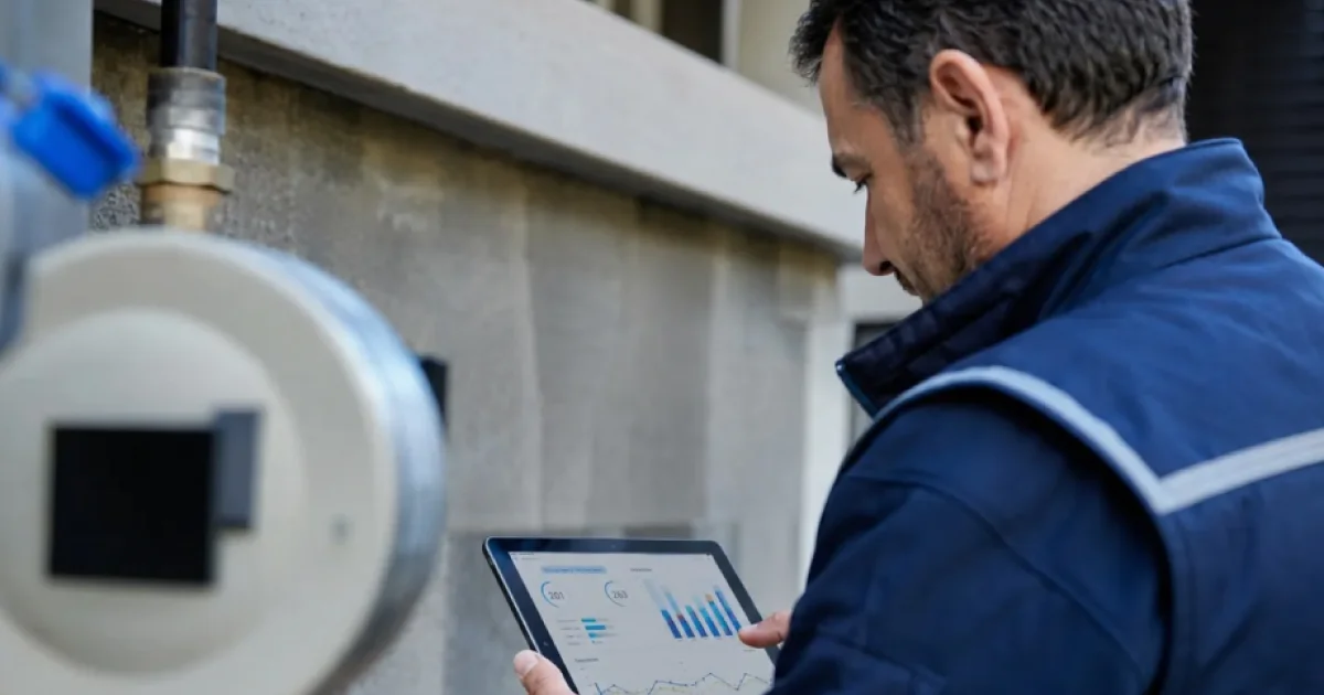 Técnico analizando datos de telelectura para la detección de fugas de agua en una red urbana.