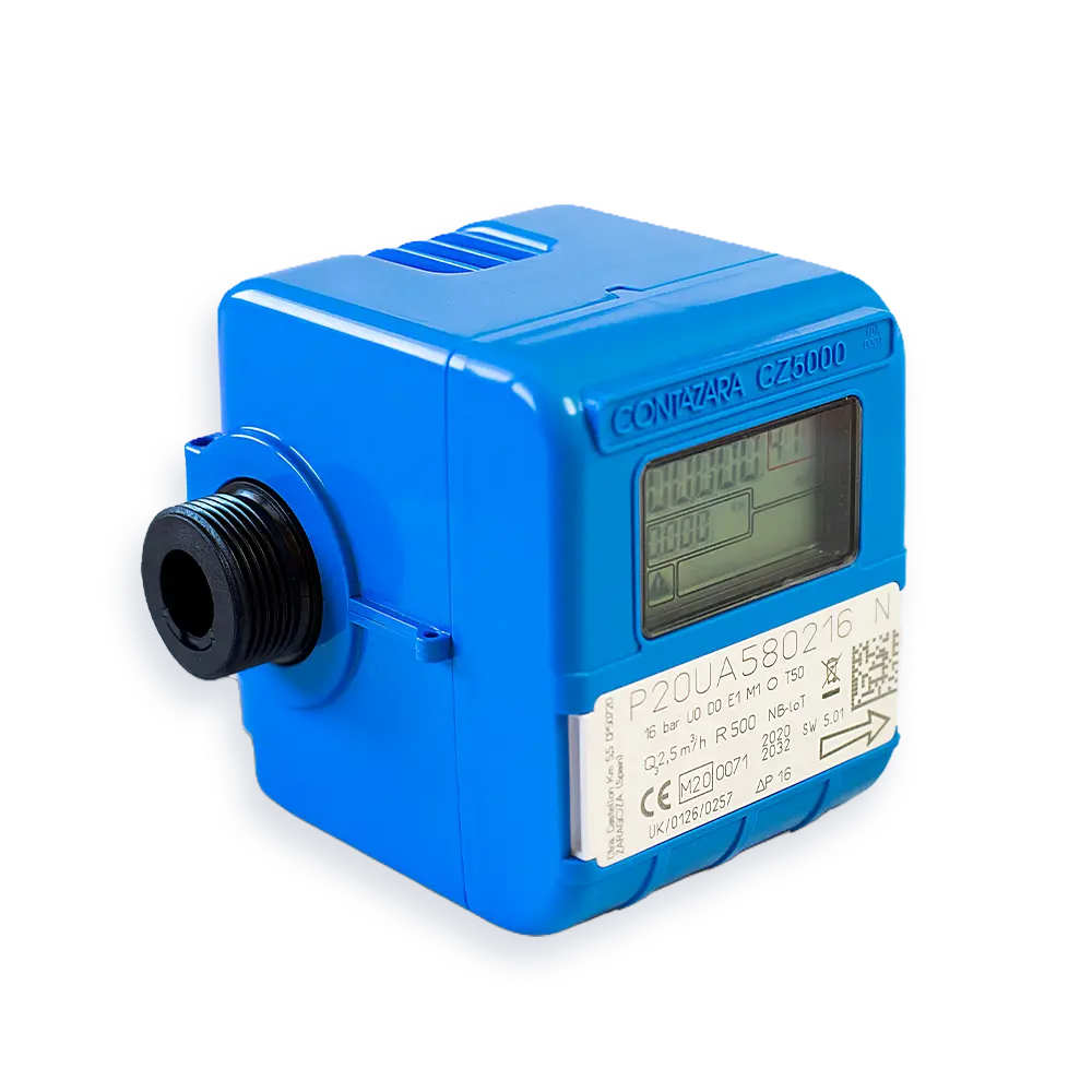 Contador ultrasónico CZ5000 NB de Contazara con cuerpo azul encapsulado y conexión roscada central.