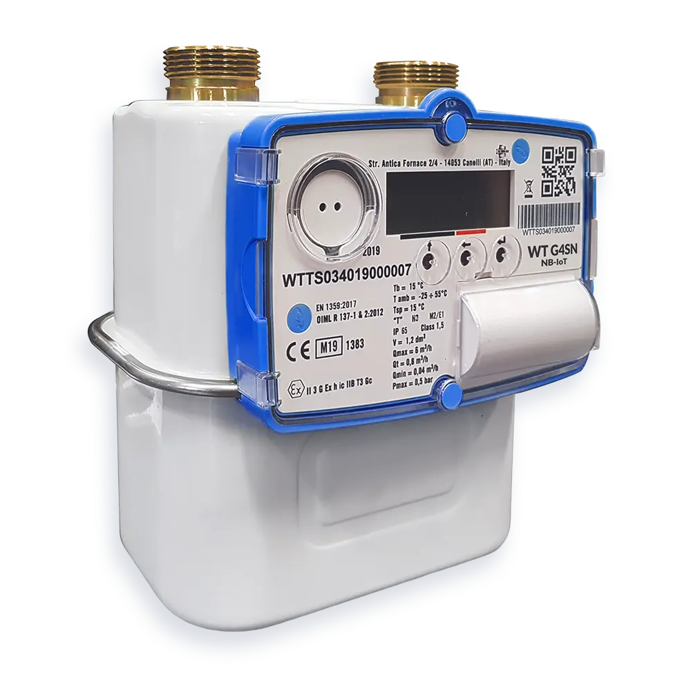 Contador inteligente de gas WT G4SN con conectividad NB-IoT sobre fondo amarillo.