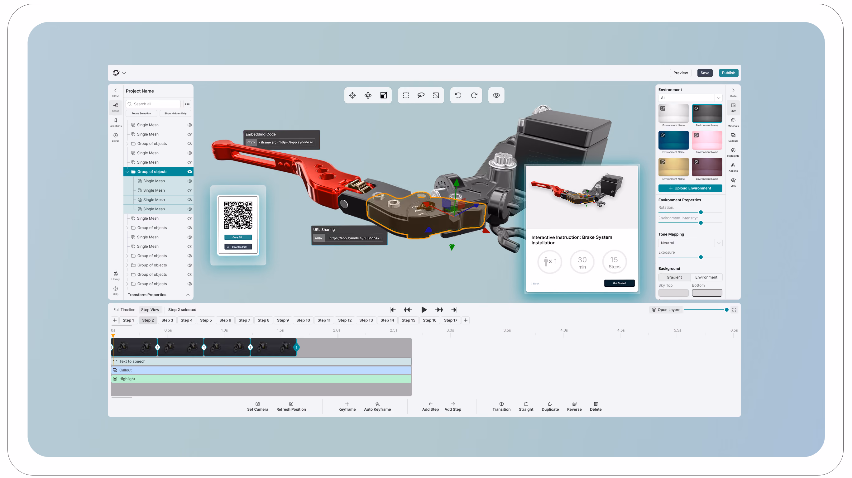 Synode Builder Studio application interface displaying a 3D industrial product, a sharing panel including a QR code, a URL link, and an embedded code, and a product information panel. 