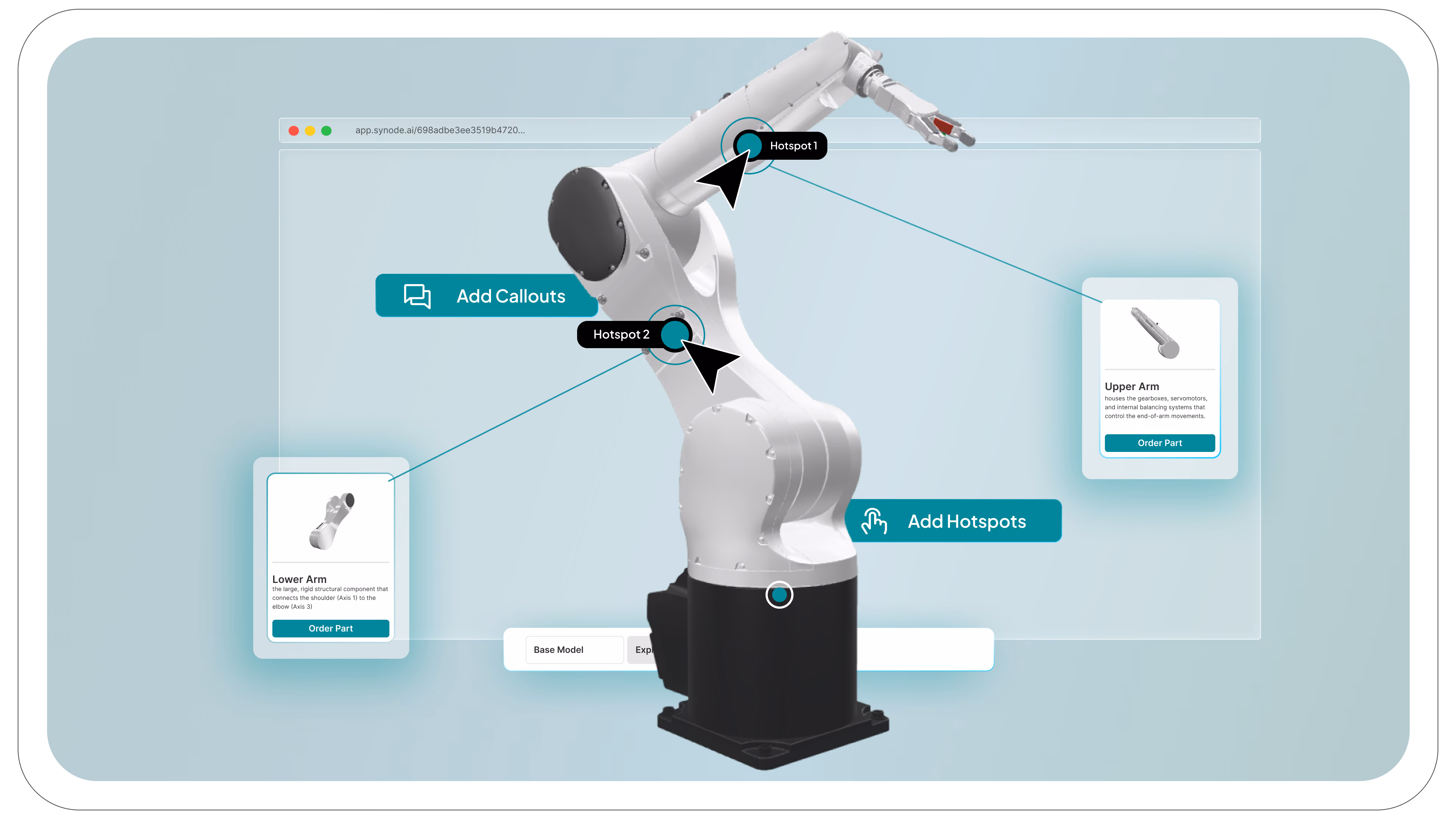Interactive robotic arm visualization with hotspots, Callouts, and product information panels