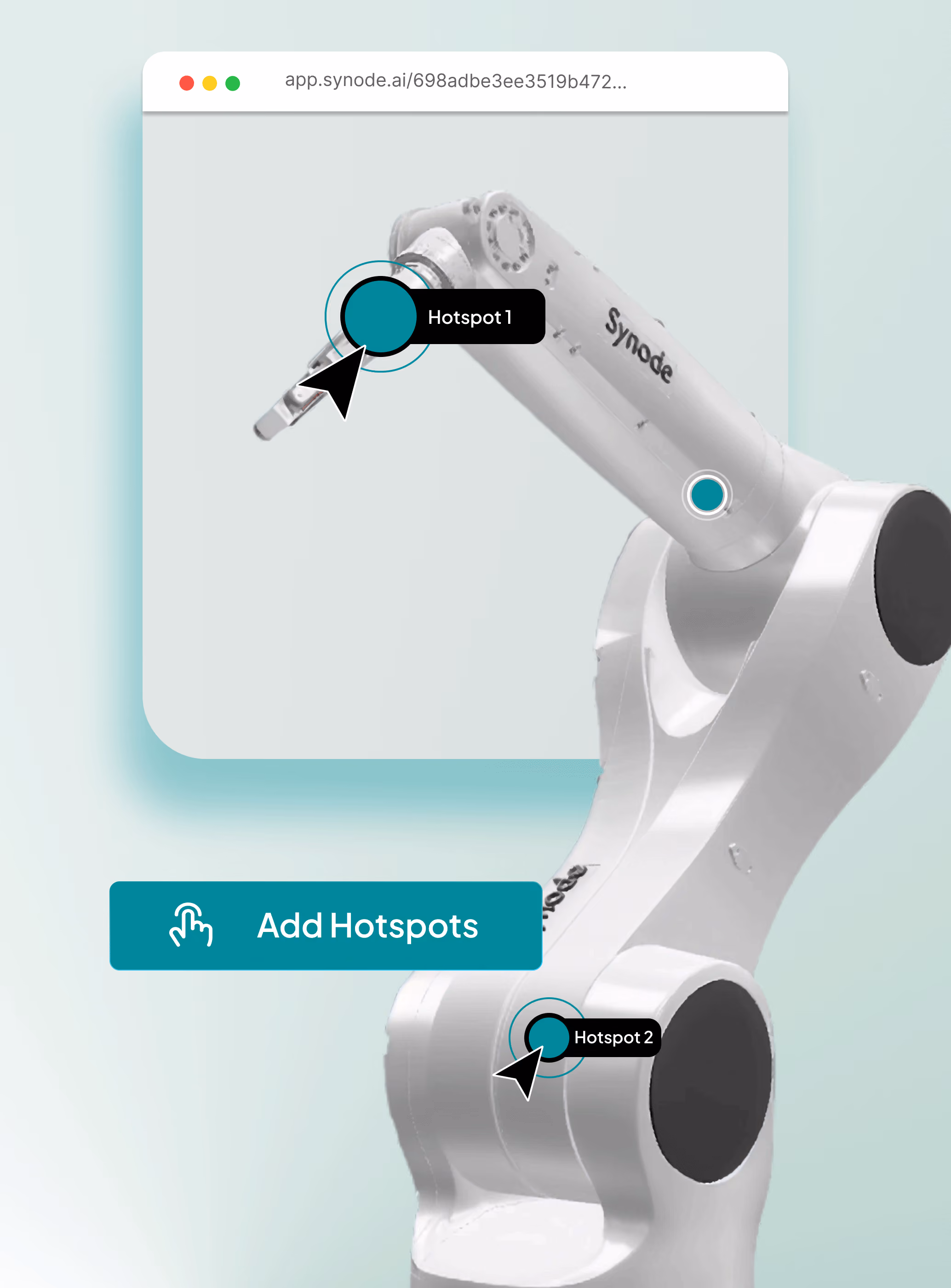 Interactive robotic arm product experience displaying the Hotspots features 