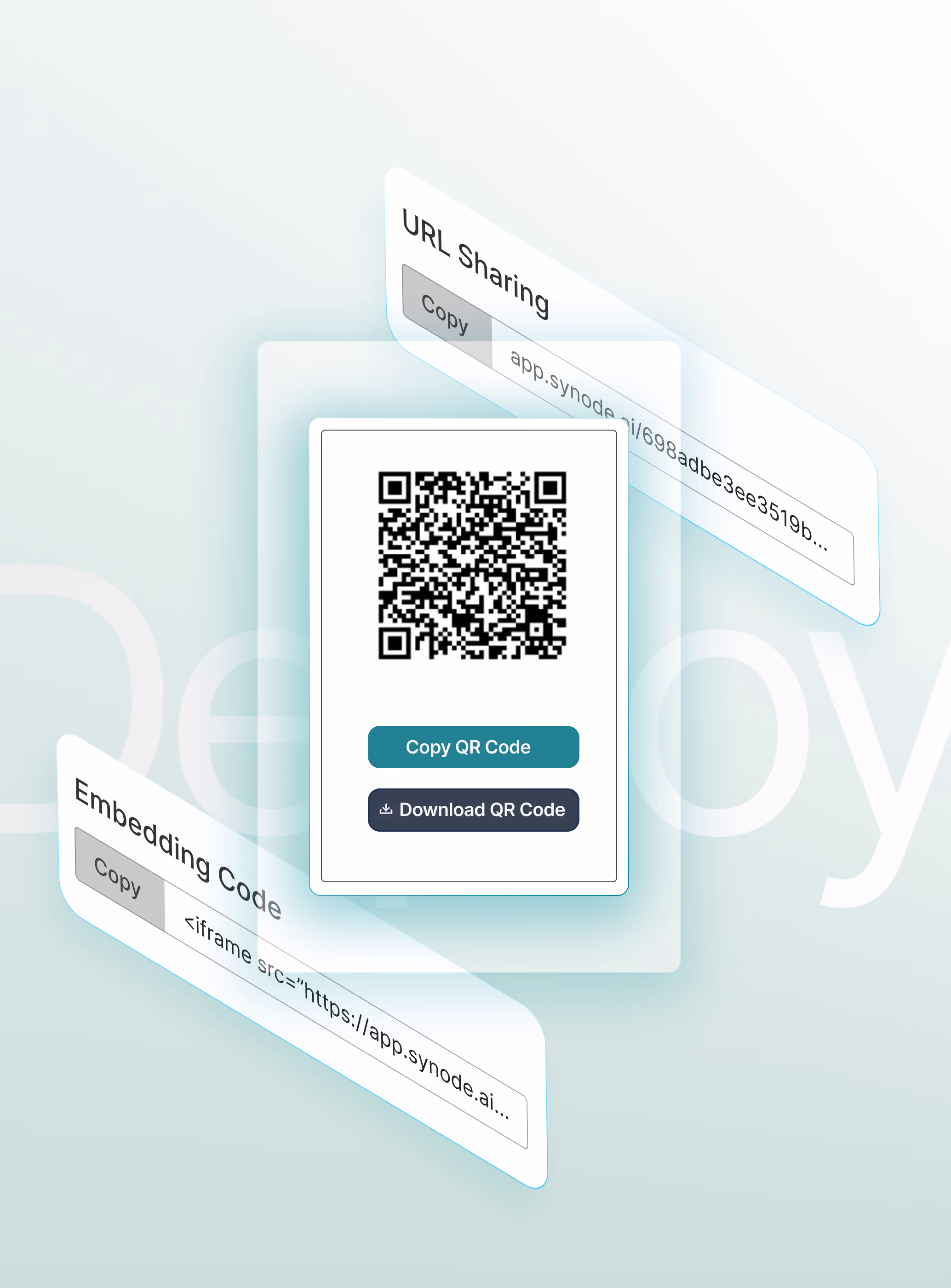 Interactive 3D experience sharing options, including a QR code, a URL link and an embed code. 