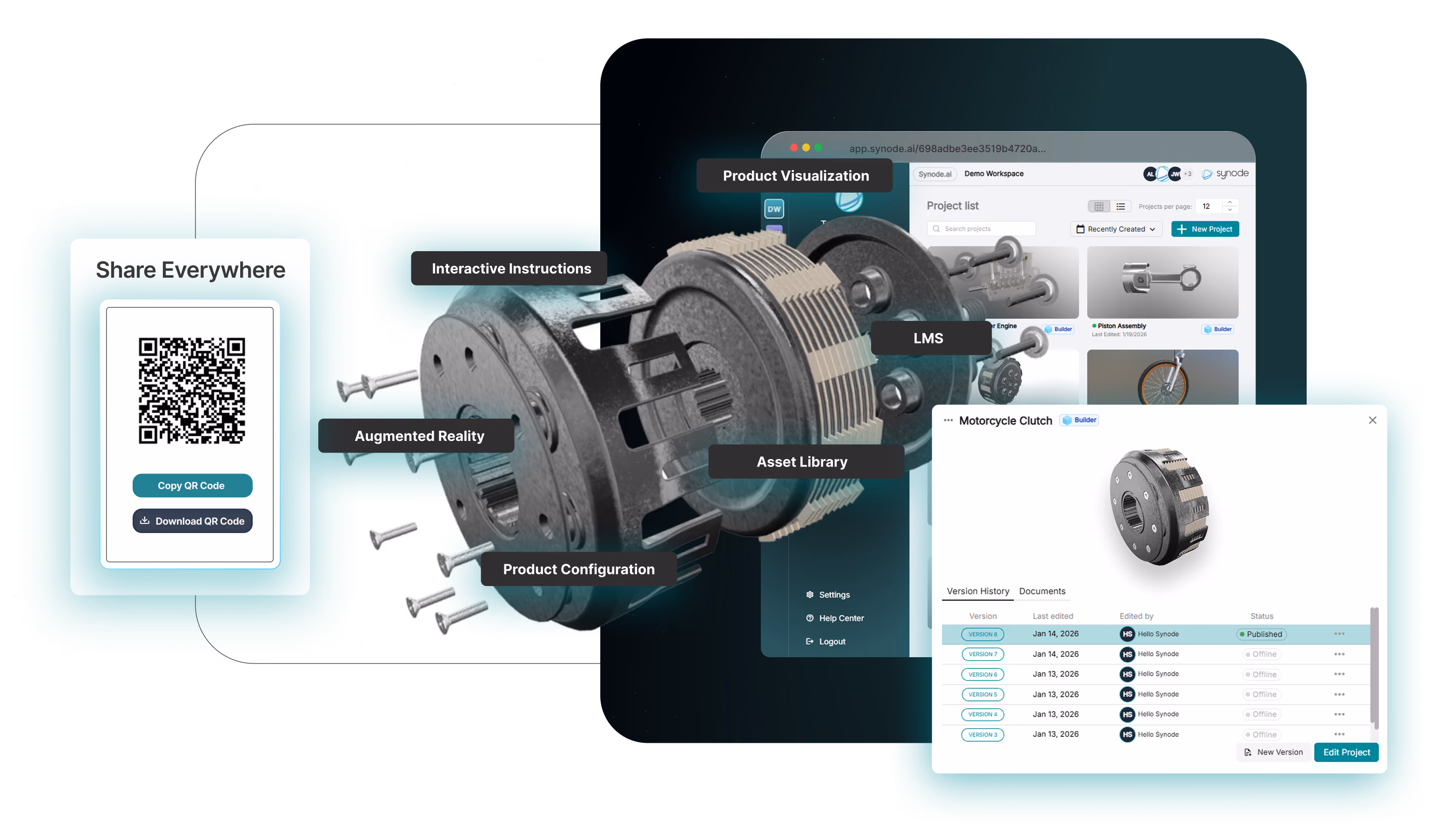 Industrial products visualizatrion with pop-up panels highlighting the key features and capabilities of Synode applications, as well as the Synode project page along with a panel showing the project version and a panel containing a QR code for sharing. 