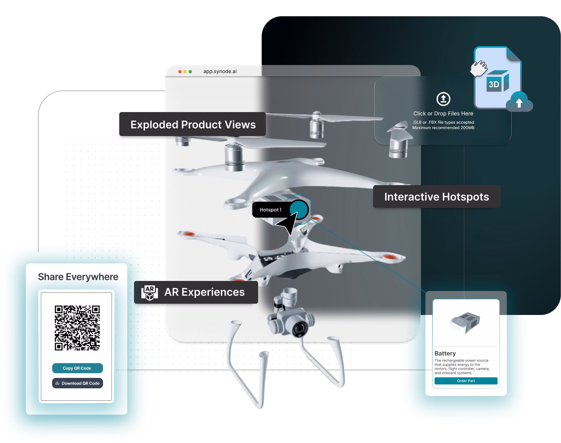 Interactive 3D instructions for an aerospace product, including an exploded view of a drone component with interactive hotspots and callouts, as well as a QR code for sharing and an augmented reality experience option.