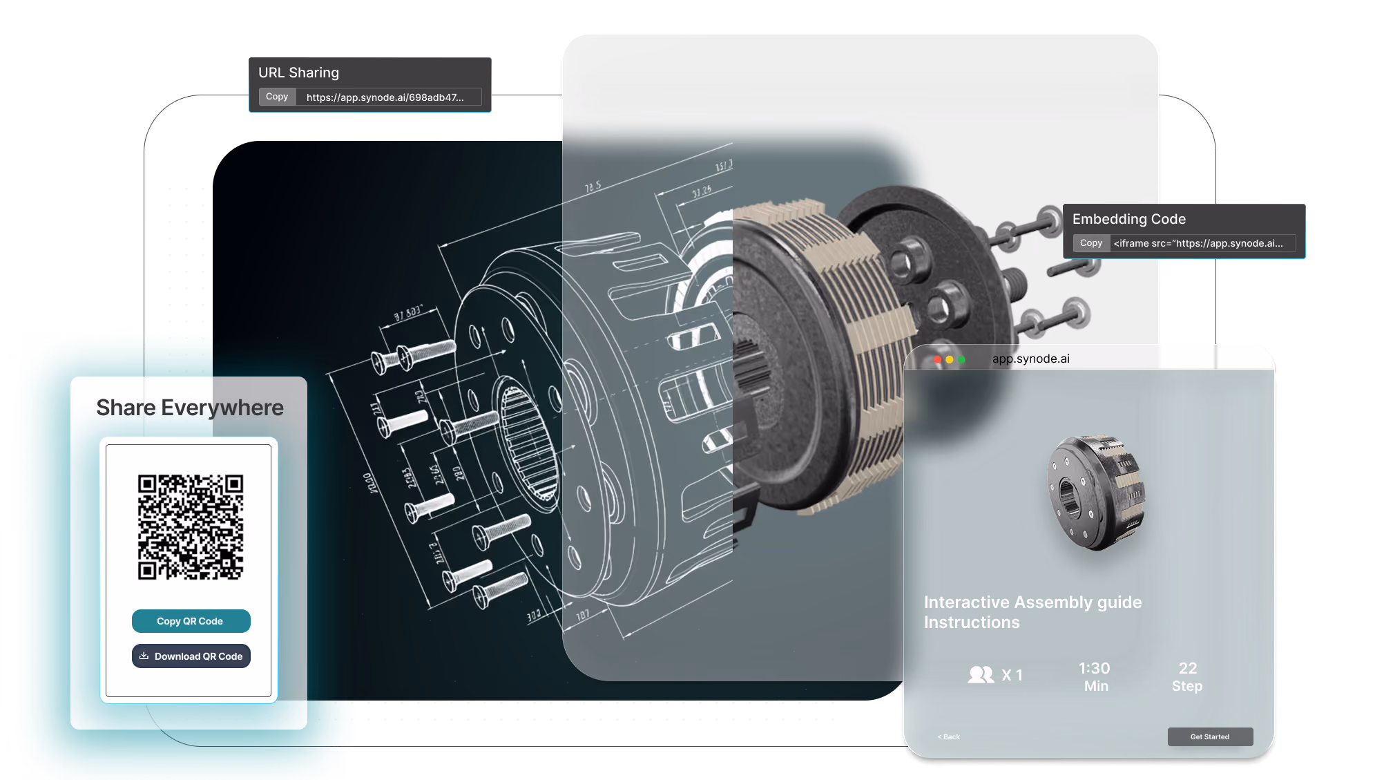 A 3D electric motor model, devided into 2D and 3D visualizations, with sharing options including a QR code, a URL link, and an embed code, and an interactive information panel. 