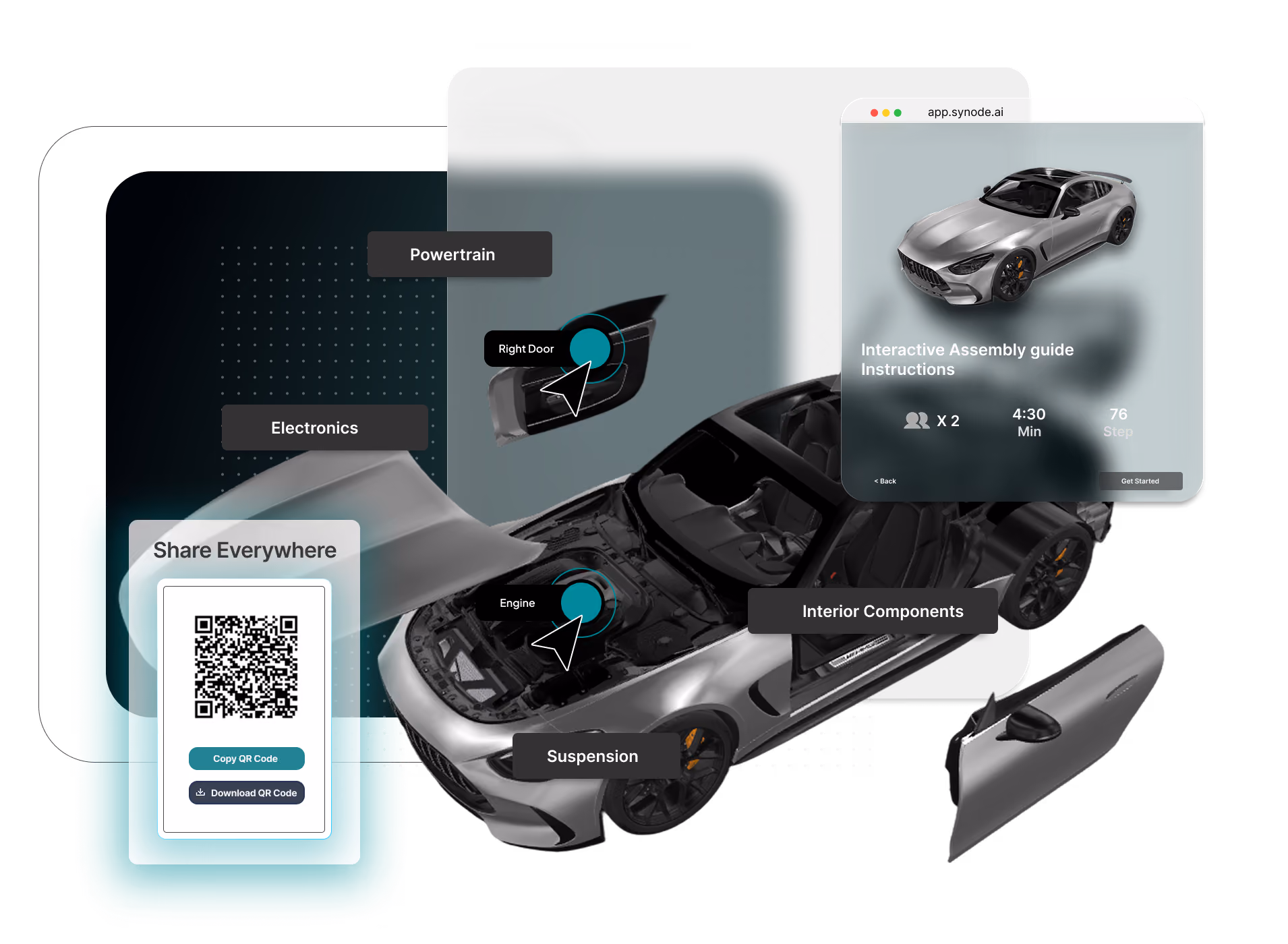 Interactive 3D instructions for an automotive product, featuring an exploded view of an car component with interactive hotspots and callouts, as well as a product information panel
