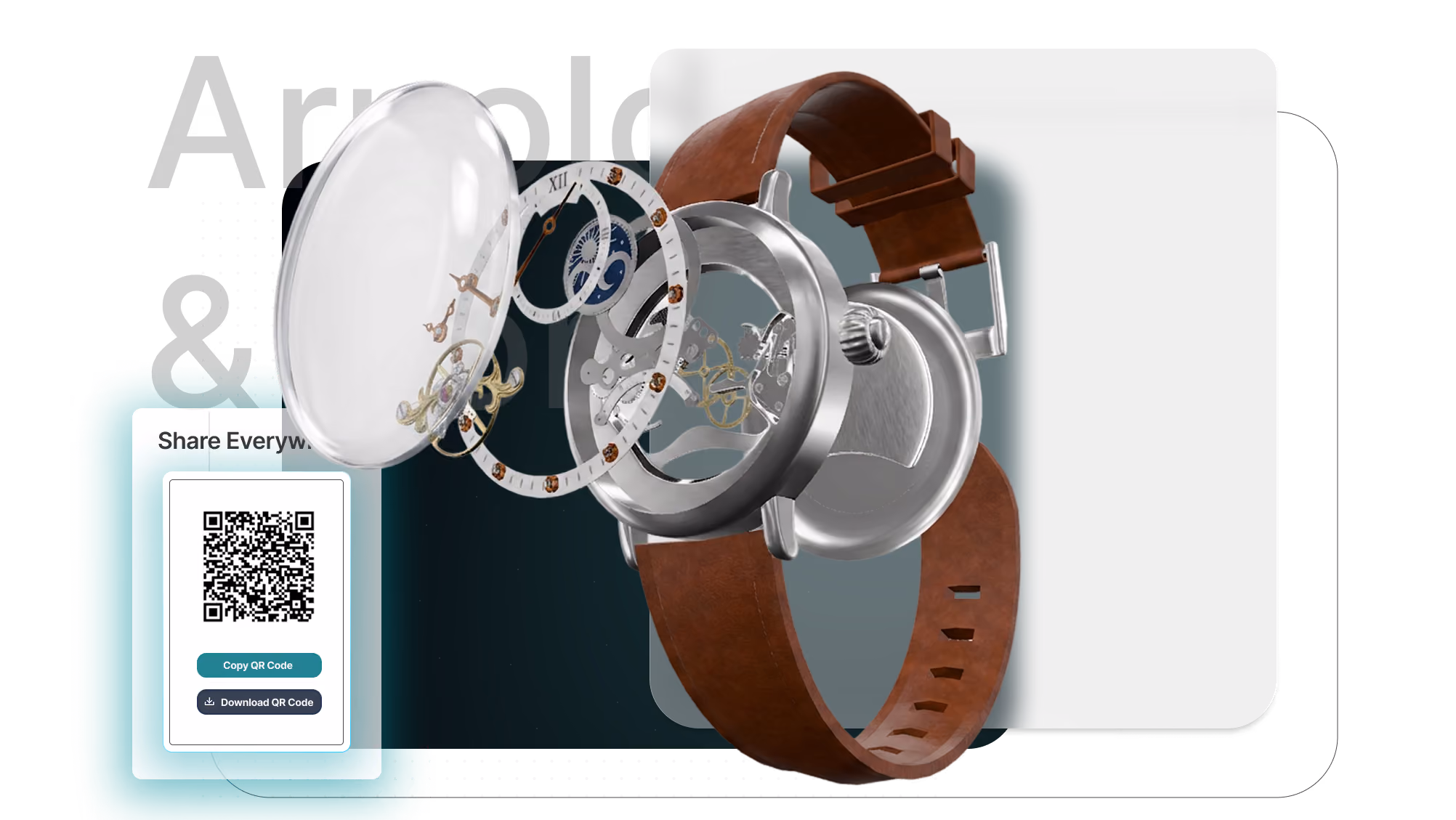 Exploded watch visualization showing internal product components and a sharing QR Code option