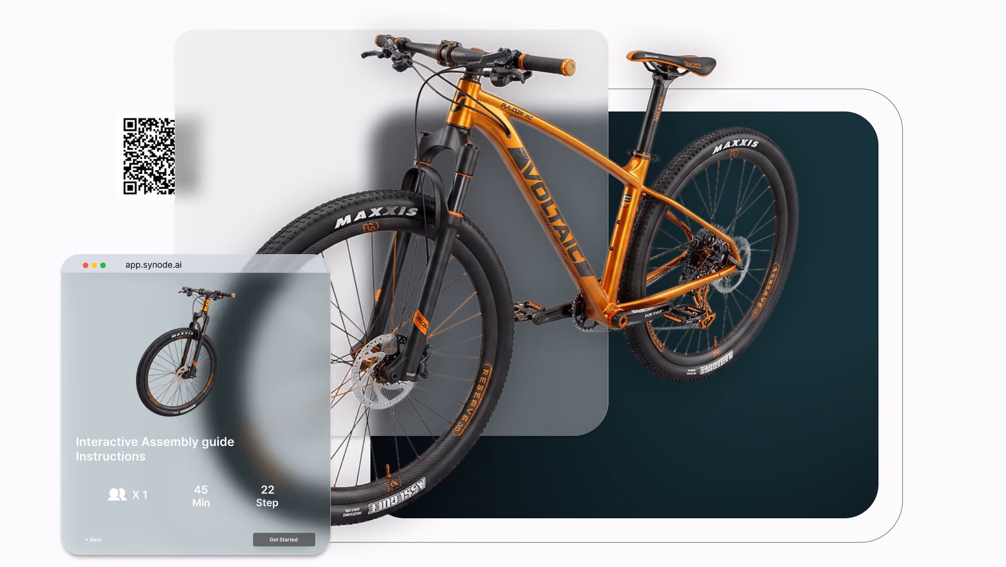 Interactive 3D instructions for the cycling industries, featuring a 3D model of a bicycle and a QR code for guide sharing, as well as a product information panel. 