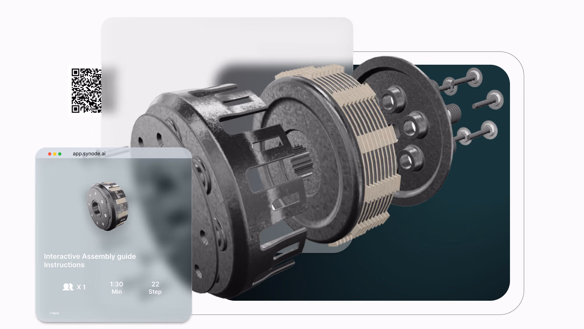 Interactive motor assembly experience with detailed mechanical breakdown and product information panel, as well as a  QR Code for guide sharing.